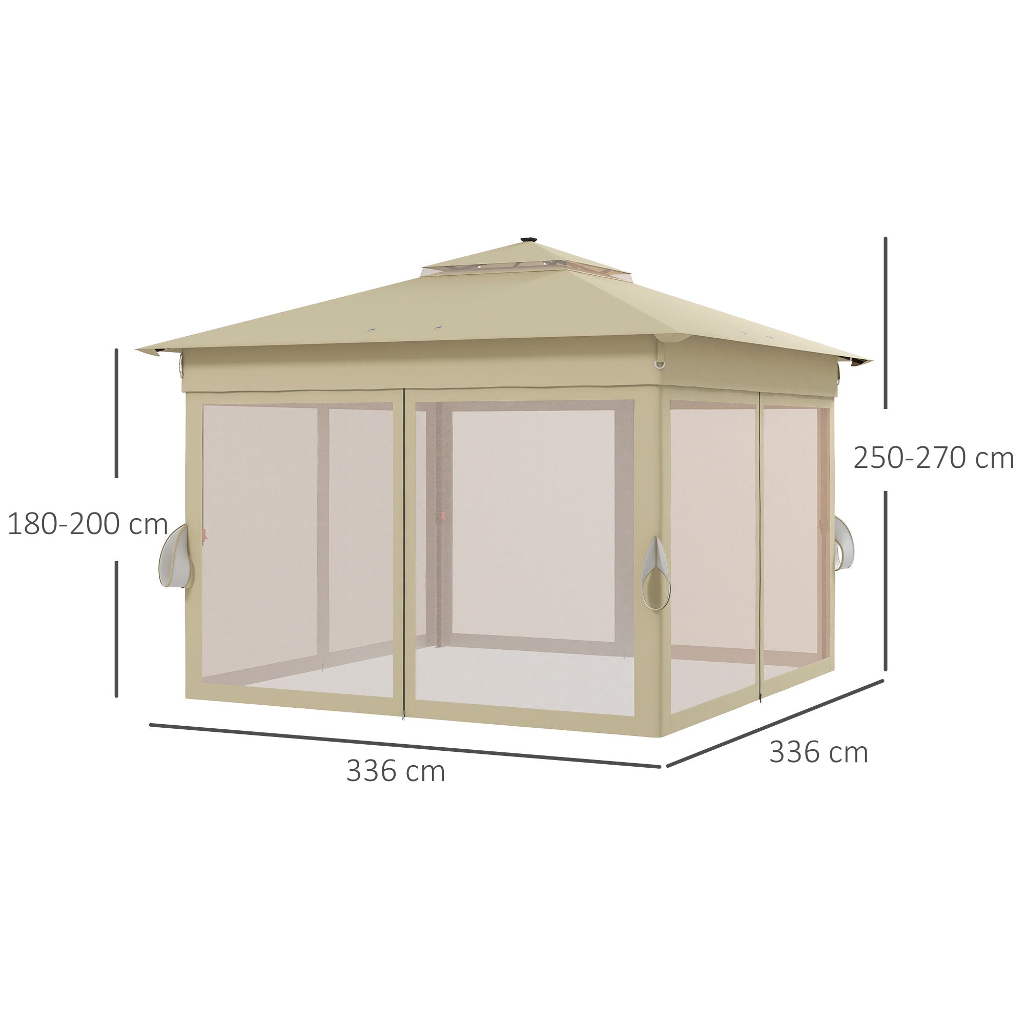 Outsunny 3 x 3(m) Pop Up Gazebo Party Tent with Solar-Powered LED Lights, Adjustable Event Shelter with Netting, Khaki - North Peak Garden Furniture