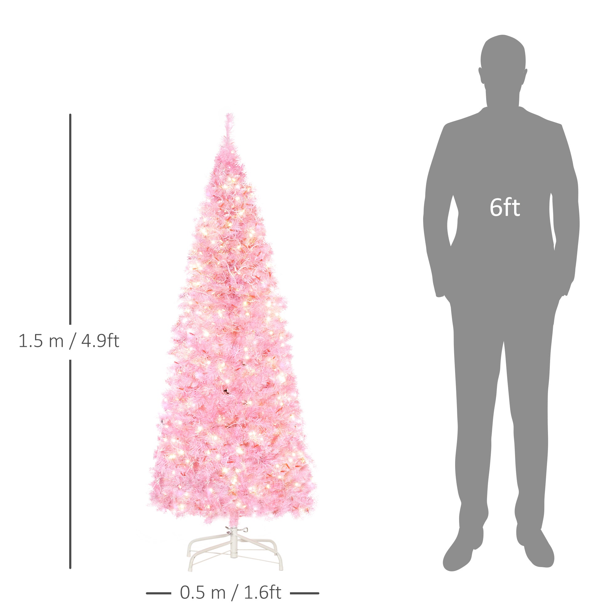 HOMCOM 5FT Tall Prelit Pencil Slim Artificial Christmas Tree with Realistic Branches, Warm White LED Lights and 408 Tips, Xmas Decoration, Pink - North Peak Garden Furniture
