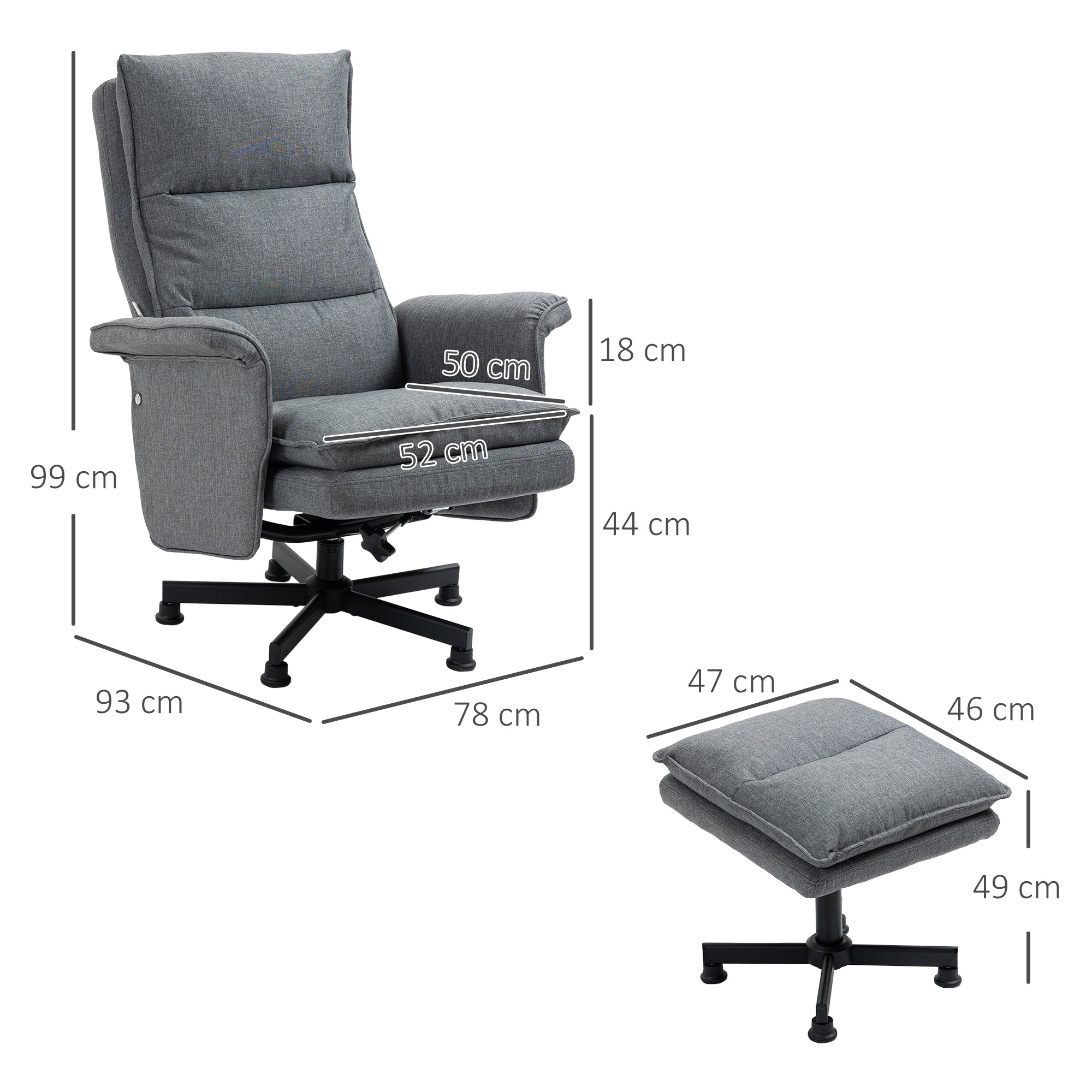 HOMCOM Swivel Recliner Chair and Footstool, Upholstered Massage Recliner Armchair with Remote Control, Timer and Steel Base, Grey - North Peak Garden Furniture