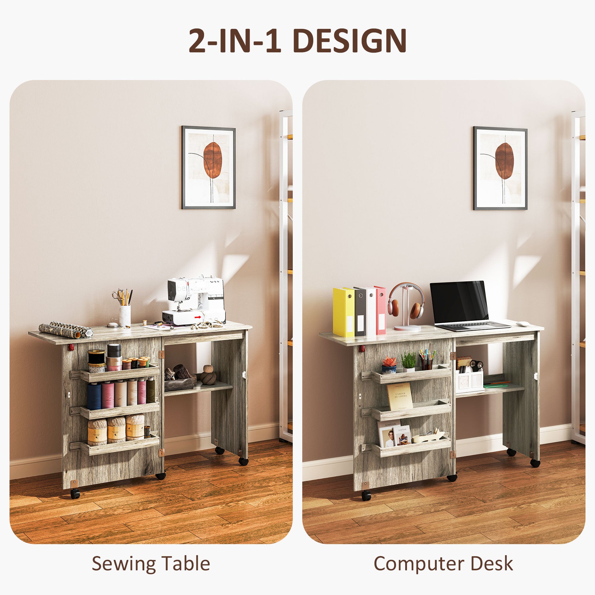 HOMCOM Folding Sewing Table, Drop Leaf Craft Table with Storage Bins, Open Shelf and Wheels, Rolling Sewing Machine Cabinet Computer Desk for Small Space, Grey - North Peak Garden Furniture