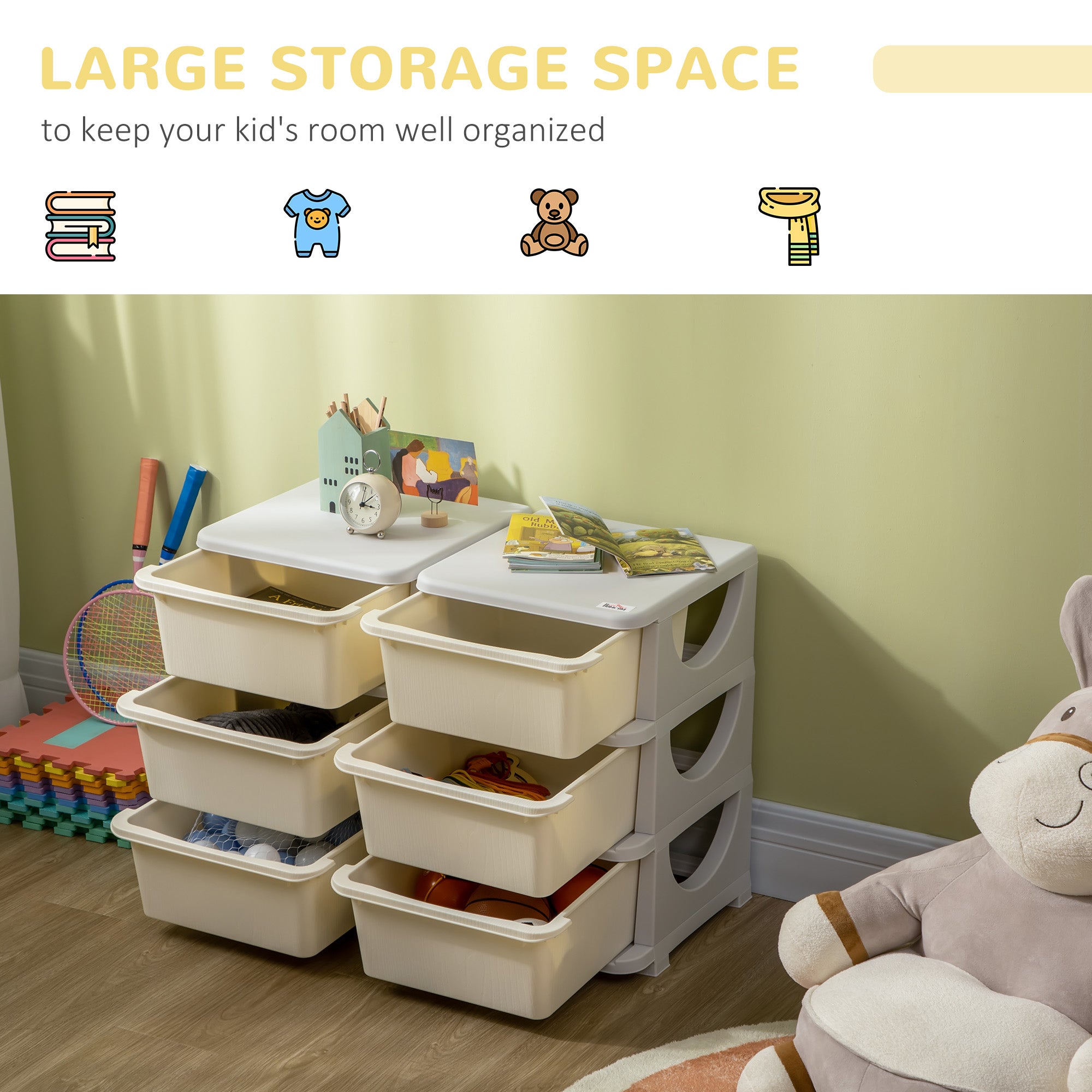 HOMCOM Kids Storage Unit, with Six Drawers - Cream - North Peak Garden Furniture