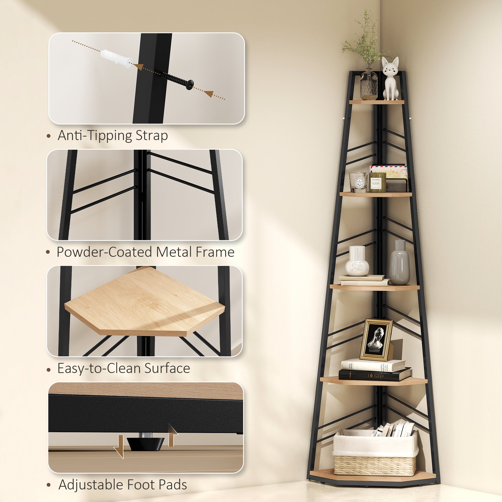 HOMCOM Corner Bookcase, 5-Tier Floor Standing Bookshelf, Shelving Unit for Living Room, Study, Bedroom, Natural Wood Finish
