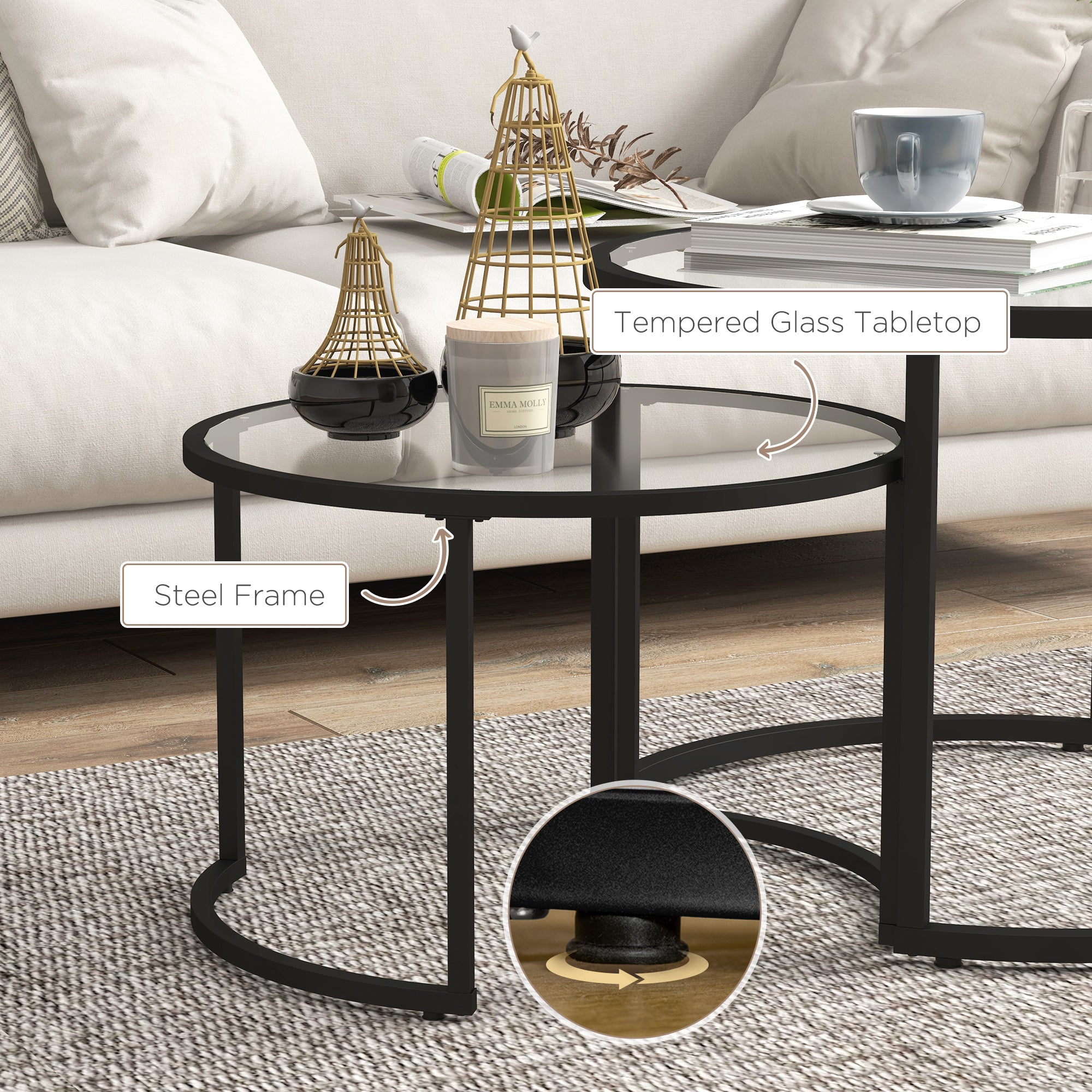 HOMCOM Two-Piece Nest of Glass-Top Coffee Tables - North Peak Garden Furniture