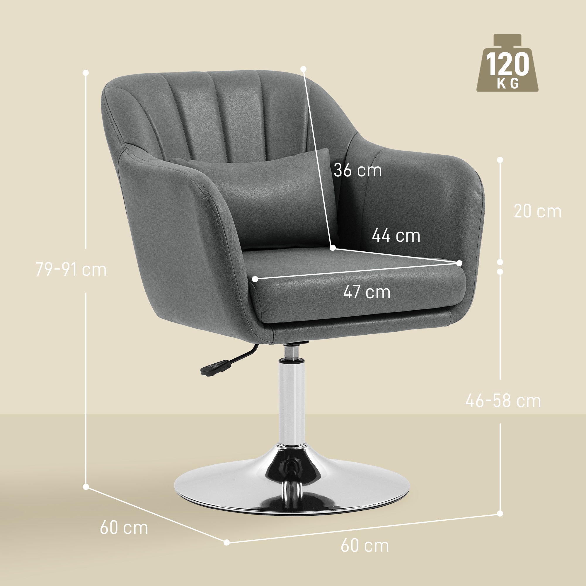 HOMCOM Swivel Microfibre Accent Chair for Living Room Contemporary Vanity Armchair with Adjustable Height Thick Cushion Lumbar Support Armrest for Bedroom Office Dark Grey