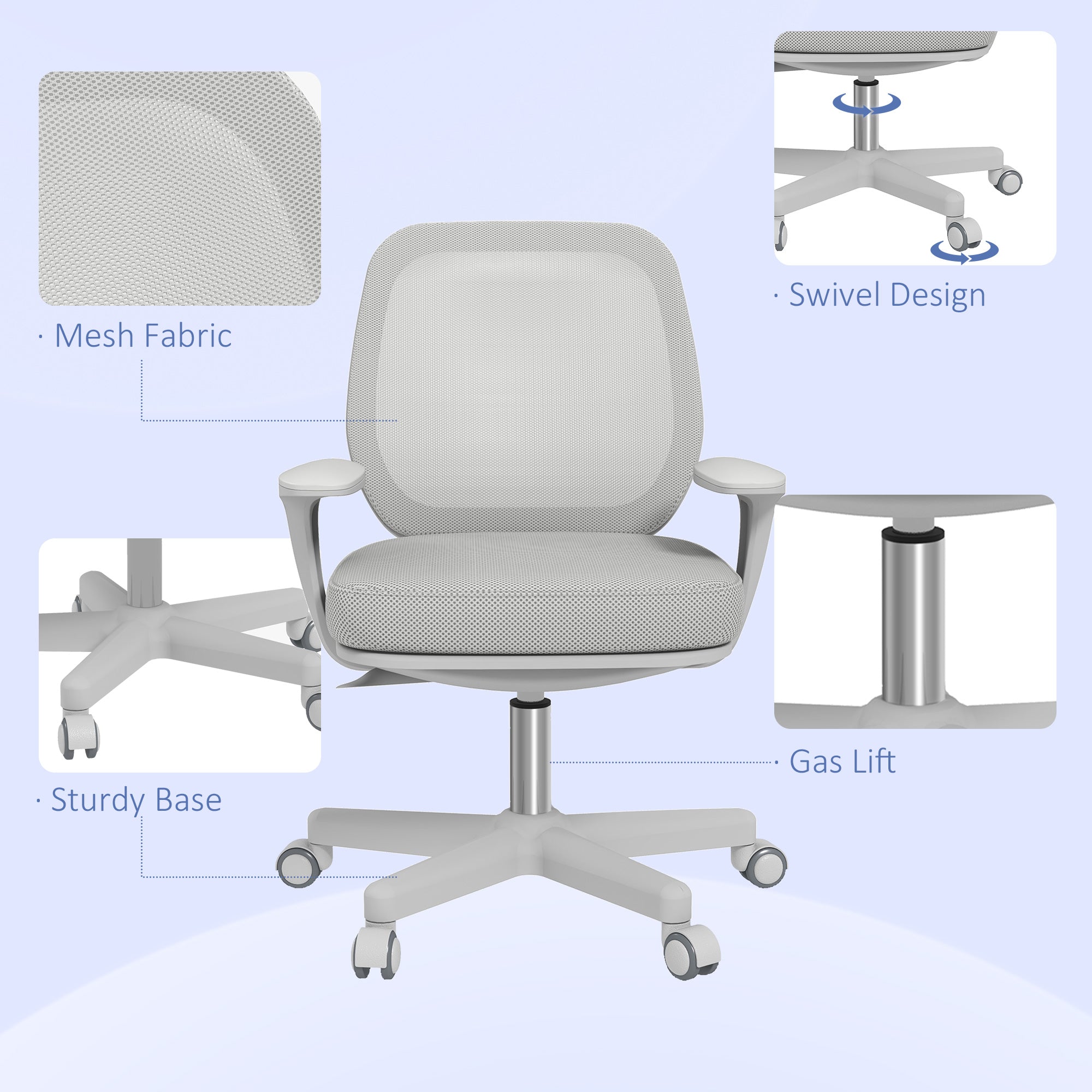 Vinsetto Office Chair, Breathable Mesh Swivel Desk Chair with Adjustable Height and  360° Swivel Security Wheels for Home Office, Study, Grey
