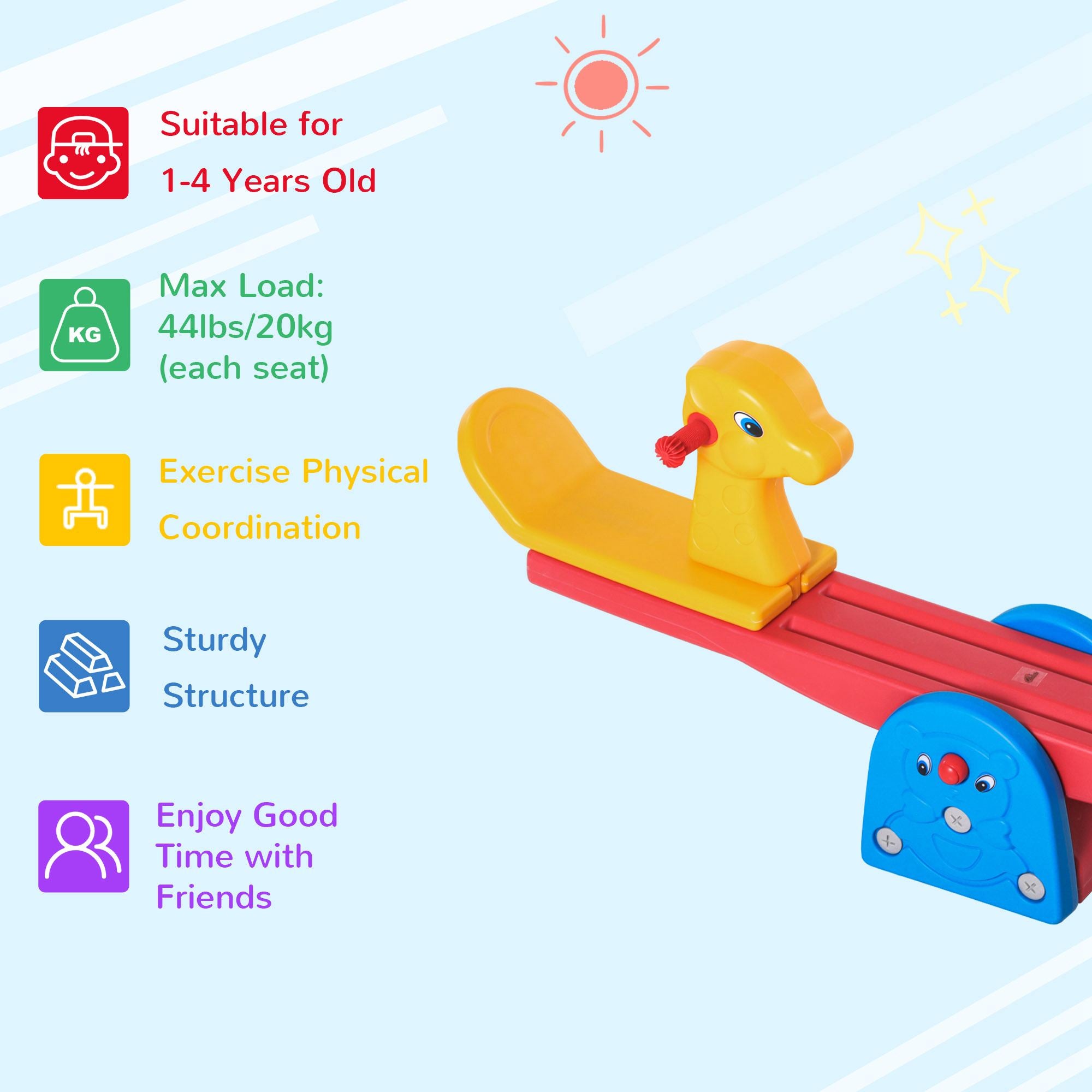 HOMCOM Kids Seesaw Safe Teeter Totter 2 Seats with Easy-Grip Handles, Safe, Indoor Outdoor Living Room Playroom Backyard Equipment, for 1-4 years old Multicolor - North Peak Garden Furniture