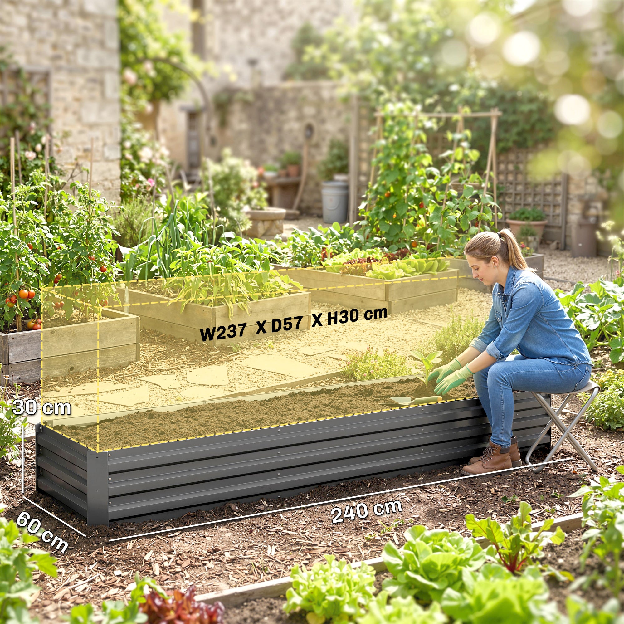 Outsunny 60 x 240cm Galvanised Steel Planter, with Open Bottom