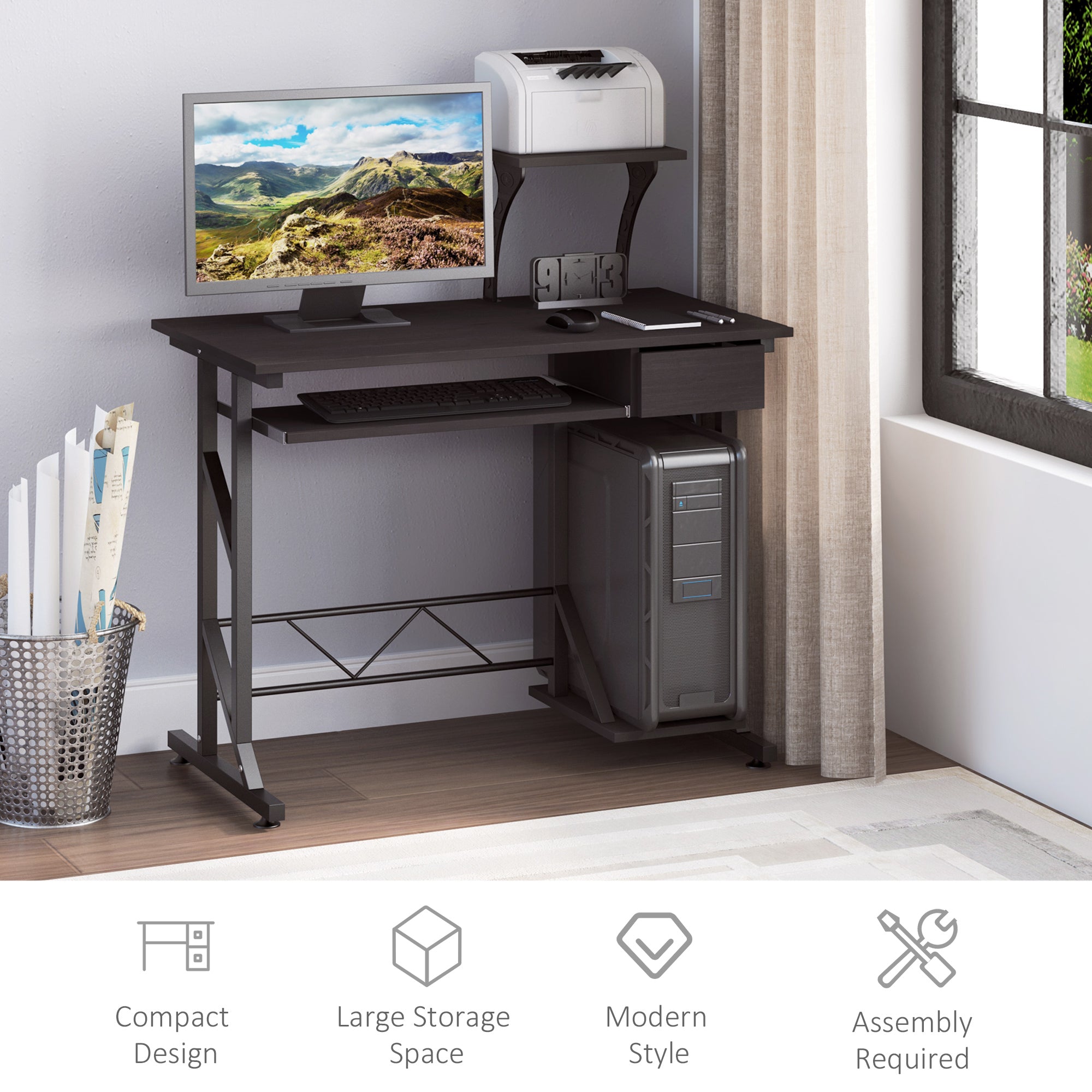 HOMCOM Computer Desk with Display Stand, Sliding Keyboard Tray Drawer and Host Box Shelf Home Office Workstation Dark Brown - North Peak Garden Furniture