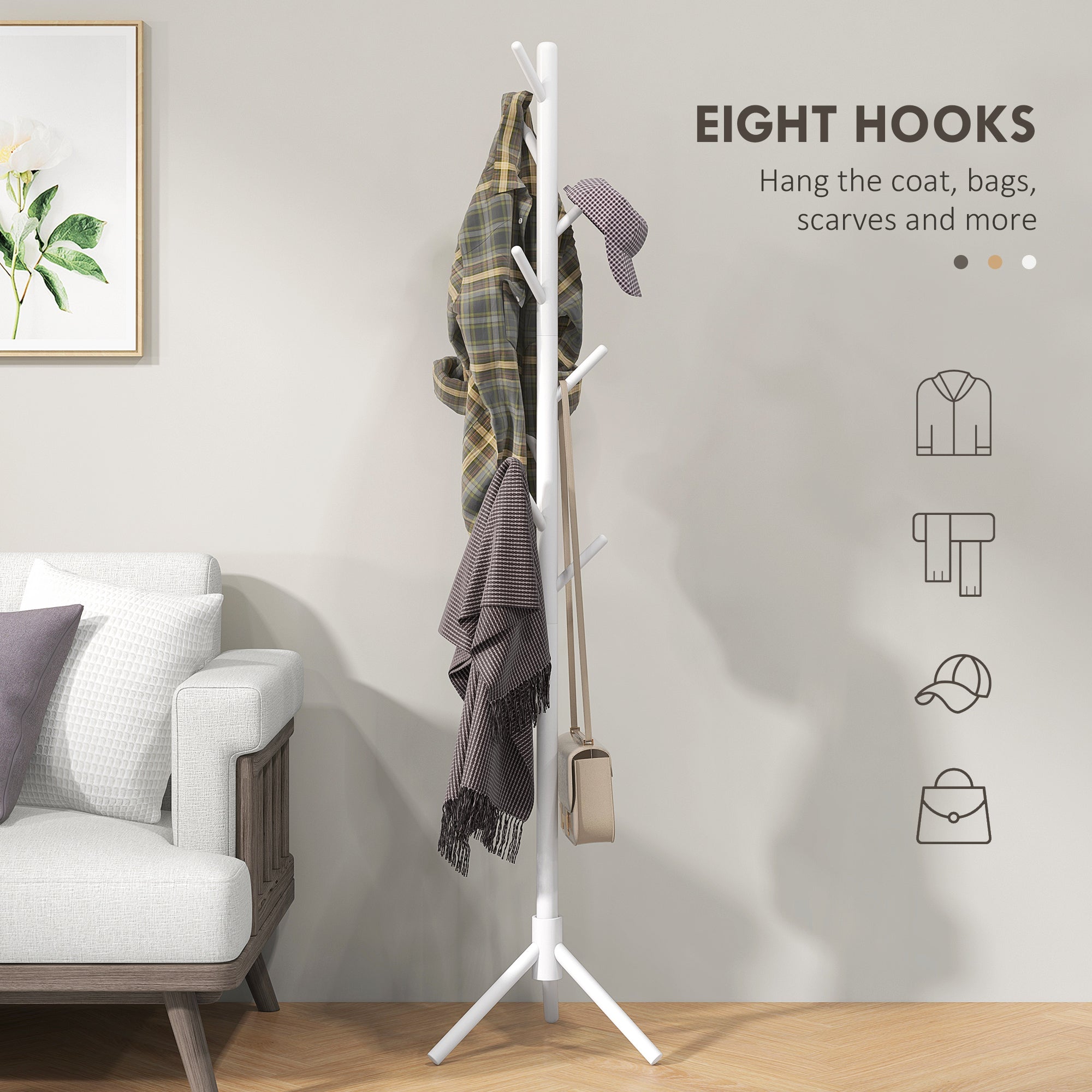 HOMCOM Eight-Hook Wooden Coat Rack - White - North Peak Garden Furniture