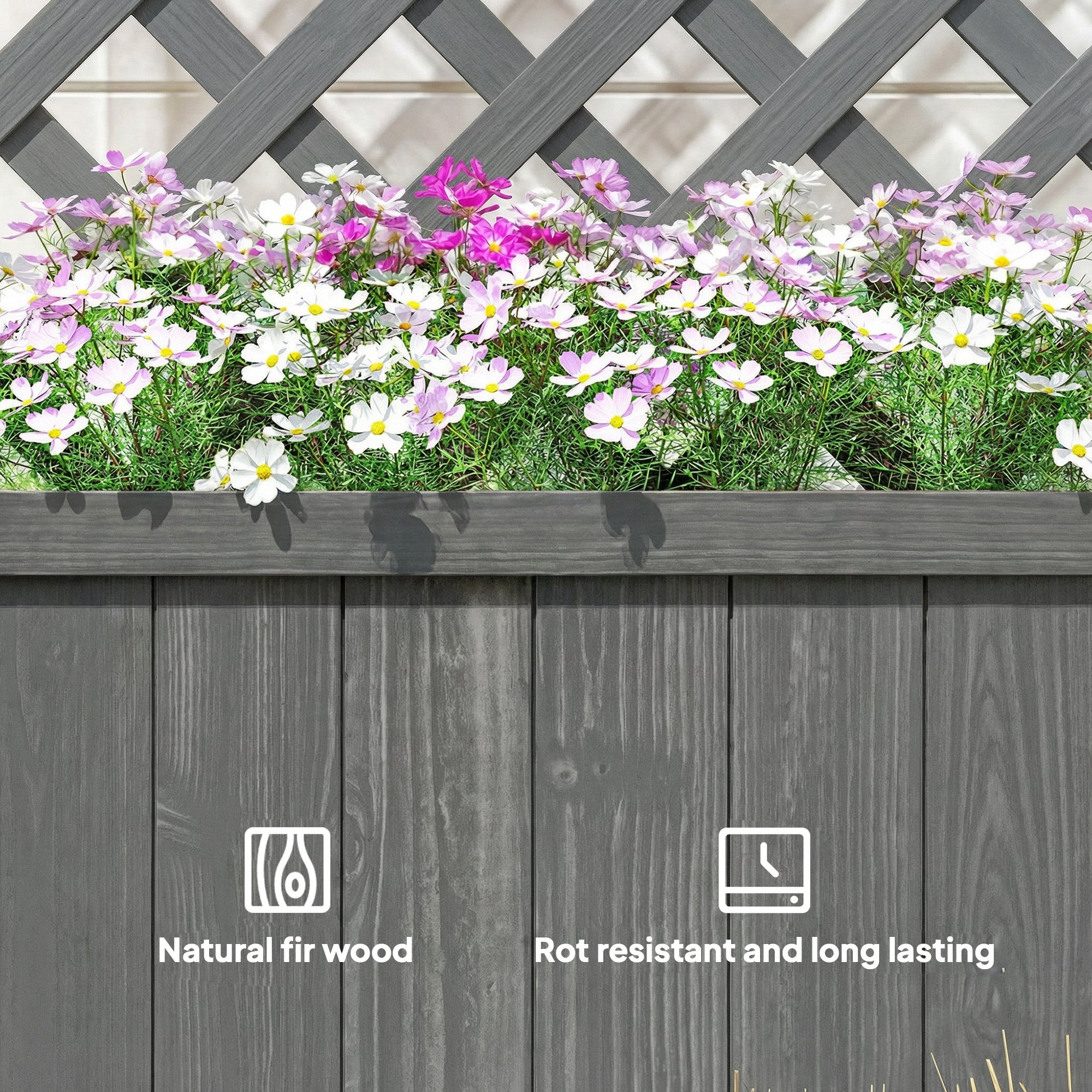 Outsunny Wood Planter with Trellis for Climbing Plants, Raised Bed, Planter Box with Drainage Holes to Grow Herbs Flowers, Grey
