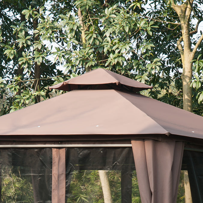 Outsunny 3 x 3(m) Hexagon Gazebo Patio Canopy Party Tent Outdoor Garden Shelter w/ 2 Tier Roof & Side Panel - Brown