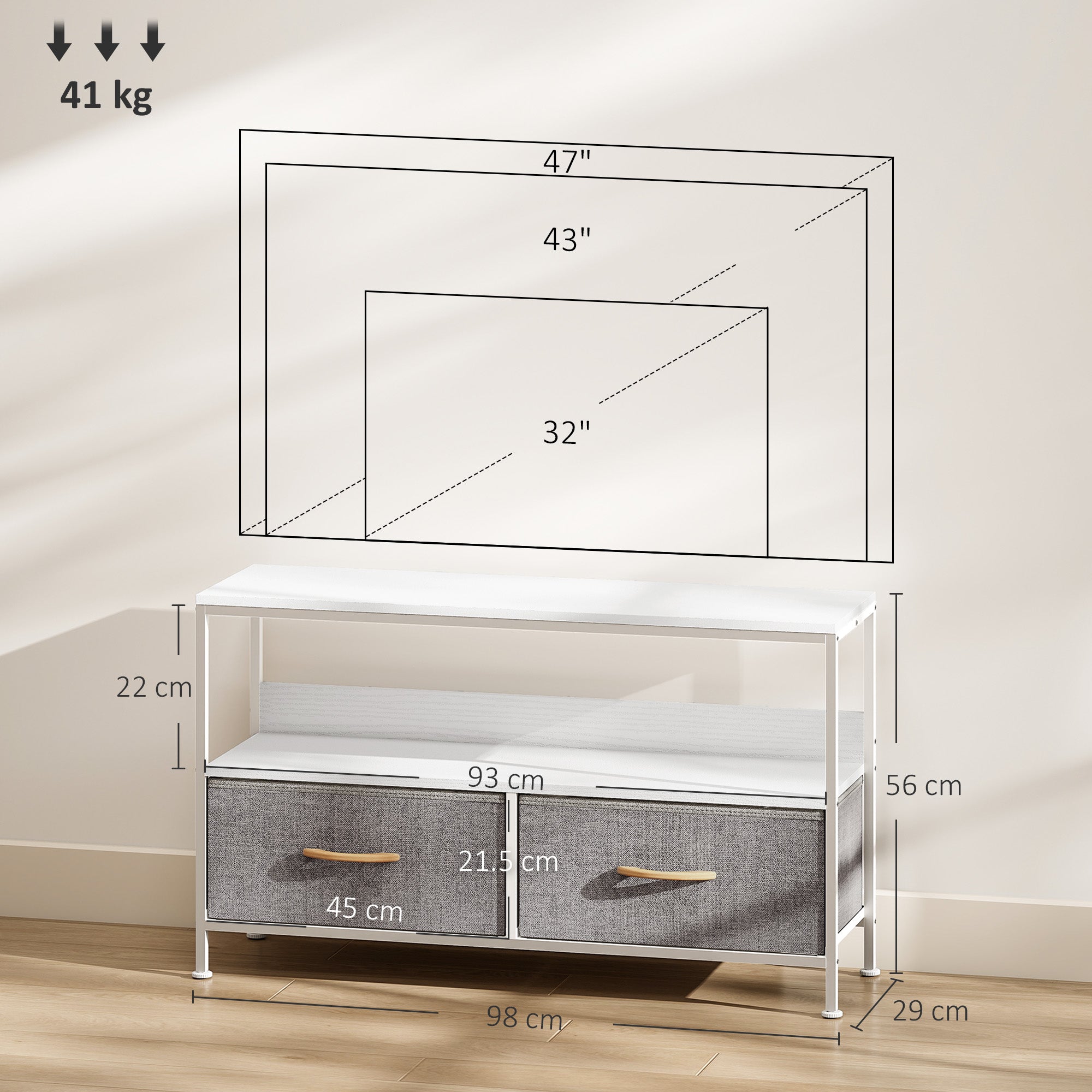 HOMCOM TV Stand Cabinet with 2 Foldable Drawers - White