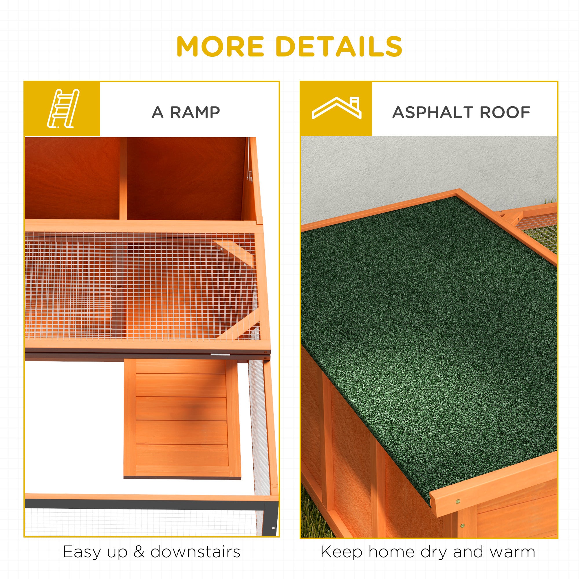PawHut Rabbit Hutch Outdoor Guinea Pig Hutch with Run Small Animal Off-ground Duck House Hideaway Backyard with Openable Roof 125.5 x 100 x 49cm Orange - North Peak Garden Furniture