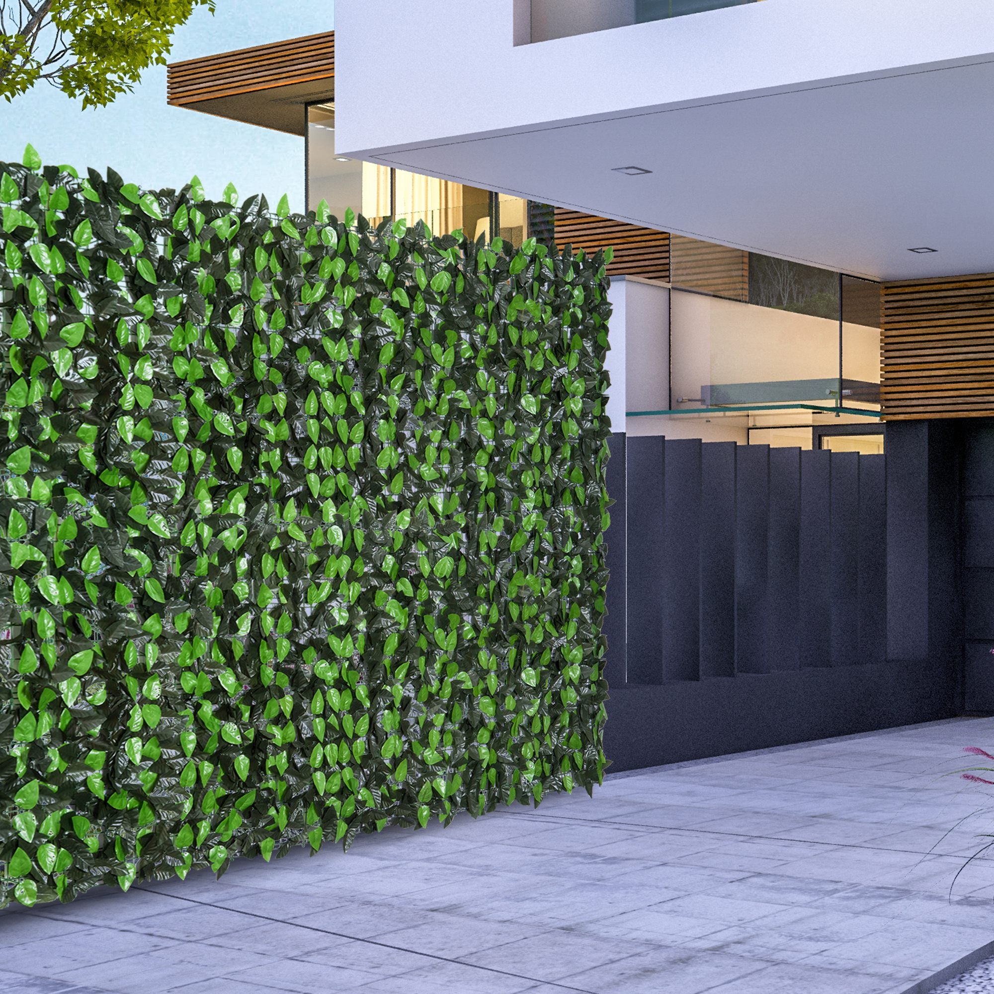 Outsunny Artificial Leaf Hedge Screen Privacy Fence Panel for Garden Outdoor Indoor Decor 3M x 1M Light Green and Dark Green - North Peak Garden Furniture