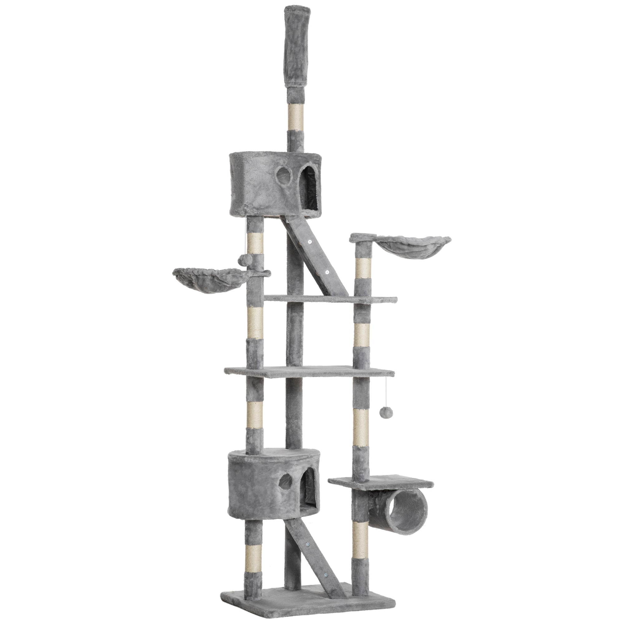 PawHut Floor to Ceiling Cat Tree for Indoor Cats, 240-260cm, Adjustable Height - Light Grey