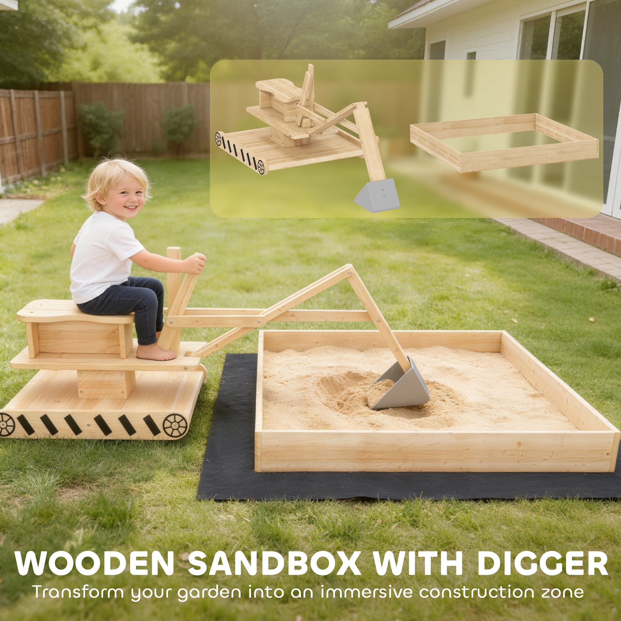 AIYAPLAY Wooden Sand Pit with Digger, Kids Sandbox Outdoor, SandPit with 360° Swivel Seat and Bottom Liner