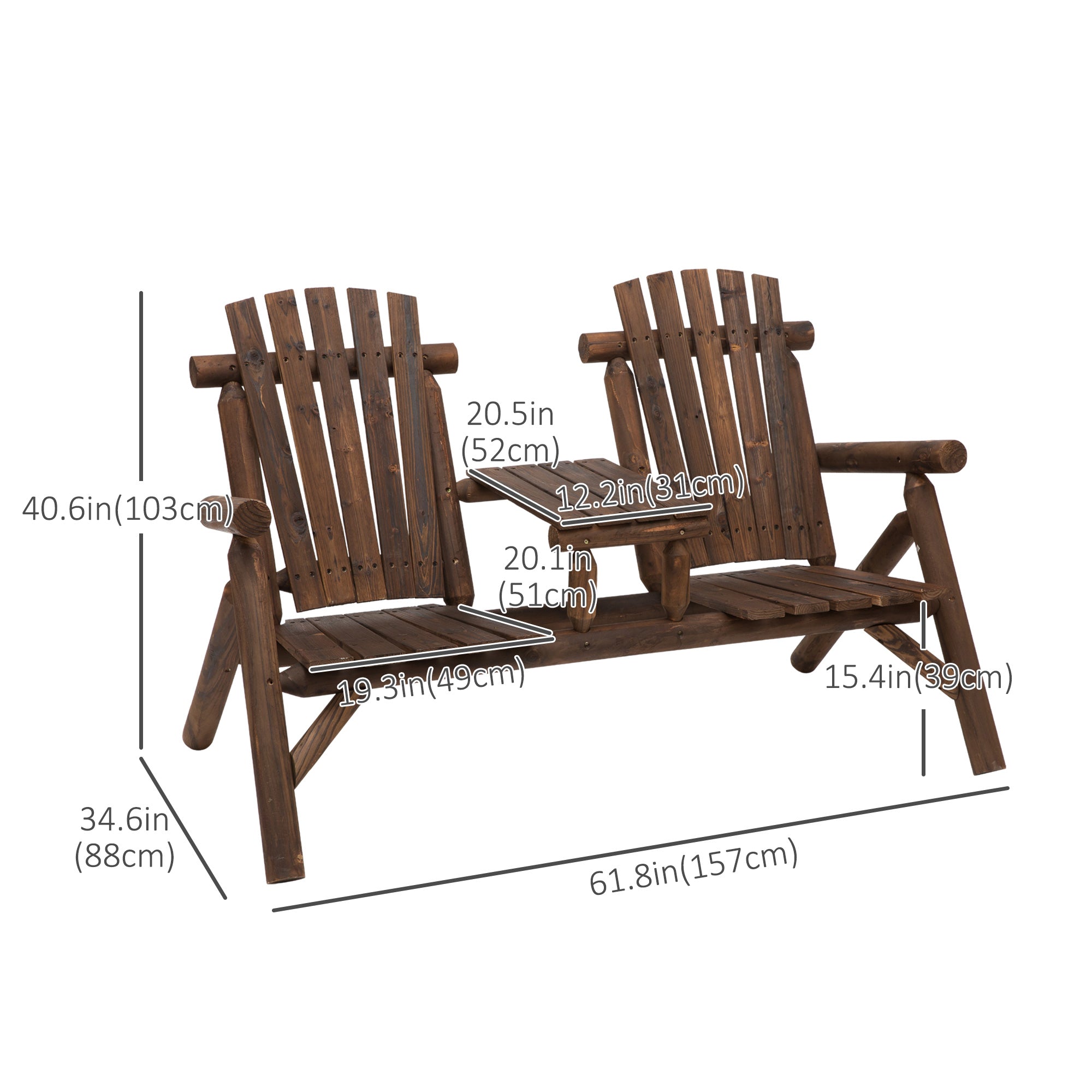 Outsunny Wood Patio Chair Bench 2 Seats Jack and Jill Seat w/ Center Coffee Table, Garden Bench, Carbonized - North Peak Garden Furniture
