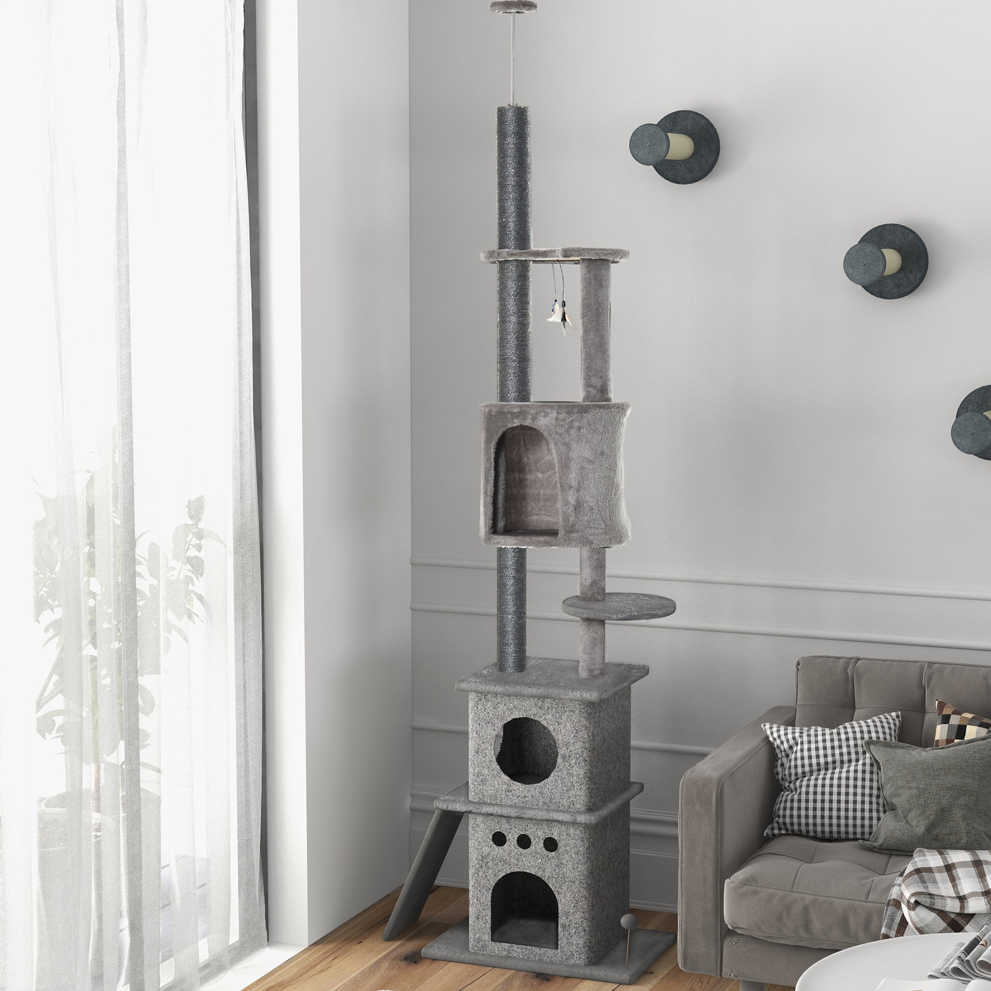 PawHut 255cm Floor To Ceiling Cat Tree for Indoor Cats Climber Scratching Post Adjustable Height Play Tower Removable Cover Grey - North Peak Garden Furniture