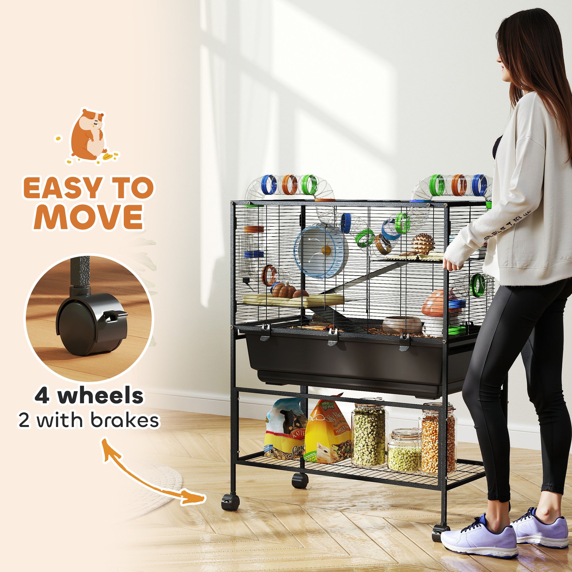 PawHut 3 Tier Large Hamster Cage on Wheels with 17 cm Deep Tray, Storage Shelf for Syrian, Gerbil, Rats - North Peak Garden Furniture