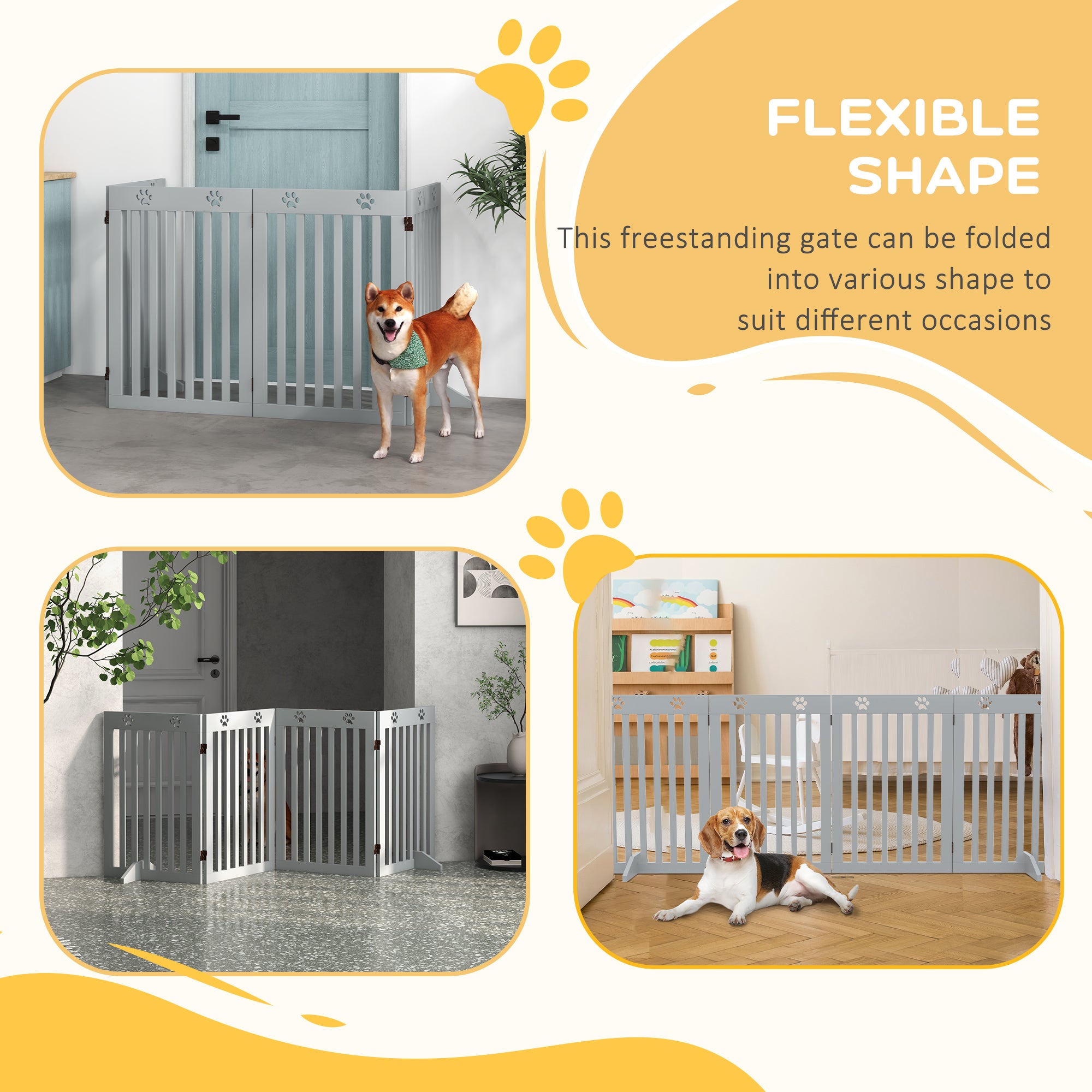 PawHut Wooden Pet Gate Foldable Freestanding Dog Safety Barrier w/ Support Feet, Grey