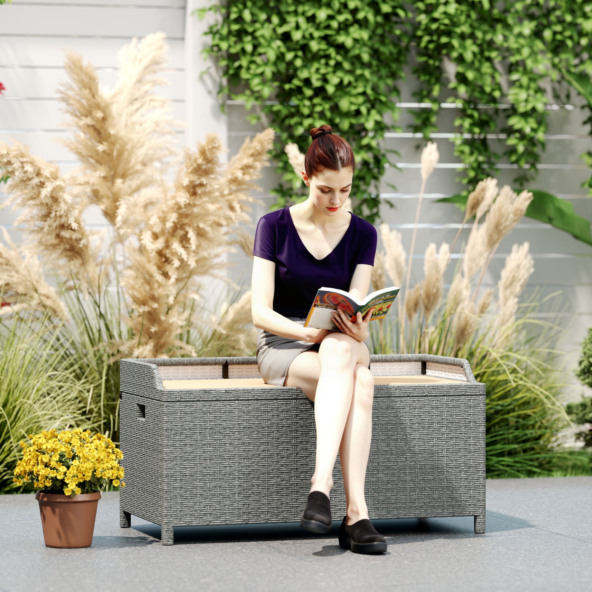 Outsunny 130 L Rattan Garden Storage Box, with Seat - Grey - North Peak Garden Furniture