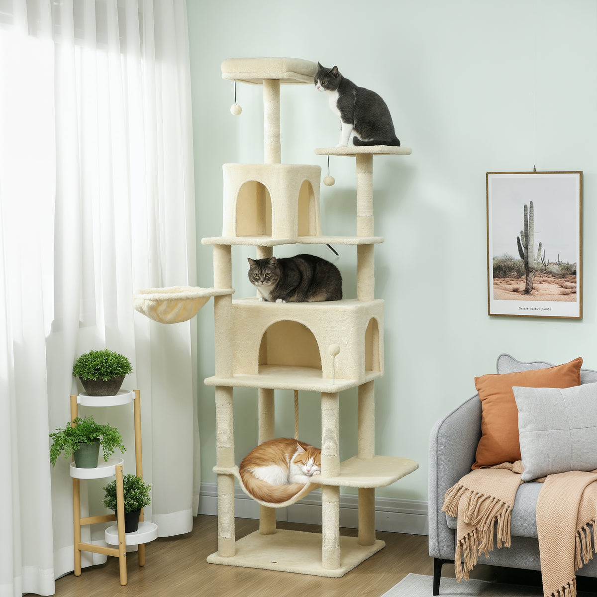 PawHut 202cm Cat Tree with 6 Scratching Posts, 2 Hammocks, 2 Condos, 2 Perches, Pompoms, for Cats to Rest and Play, Beige
