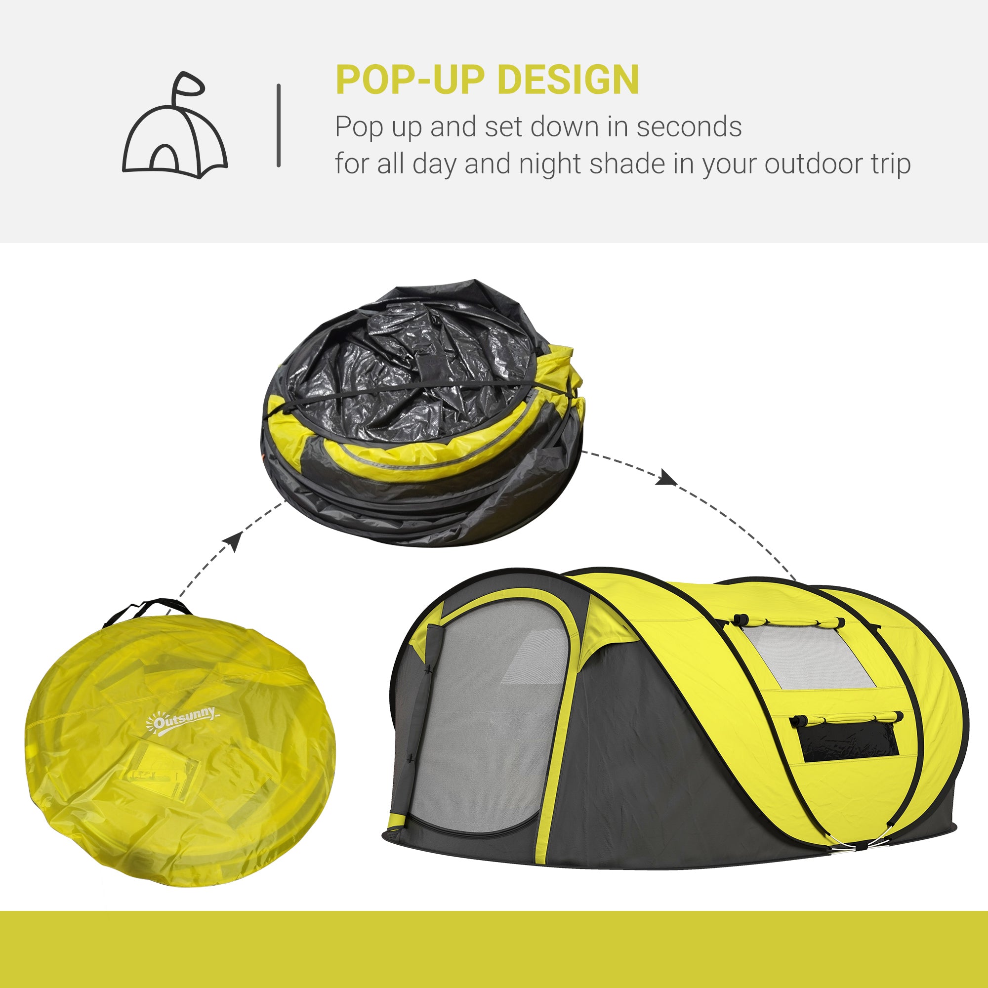 Outsunny 4-5 Person Pop-up Camping Tent Waterproof Family Tent w/ 2 Mesh Windows & PVC Windows Portable Carry Bag for Outdoor Trip, Yellow - North Peak Garden Furniture