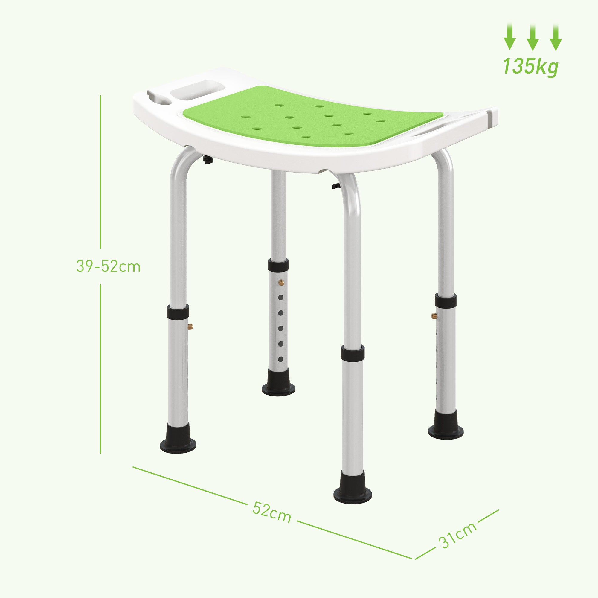 HOMCOM 6-Level Height Adjustable Aluminium Bath Room Stool Chair Shower Non-Slip Design w/ Padded Seat Drainage Holes Foot Pad, Green - North Peak Garden Furniture