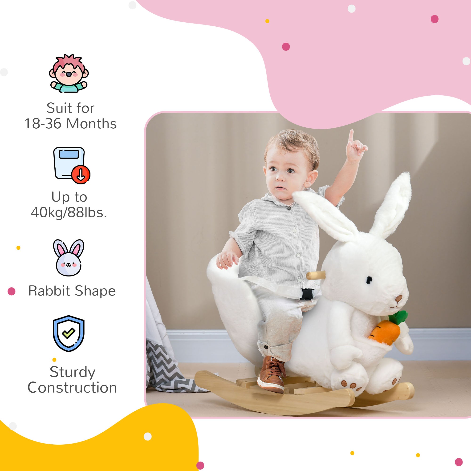 HOMCOM Kids Rabbit-Shaped Rocking Horse, with Safety Belt, Realistic Sounds, for Ages 18-36 Months - White