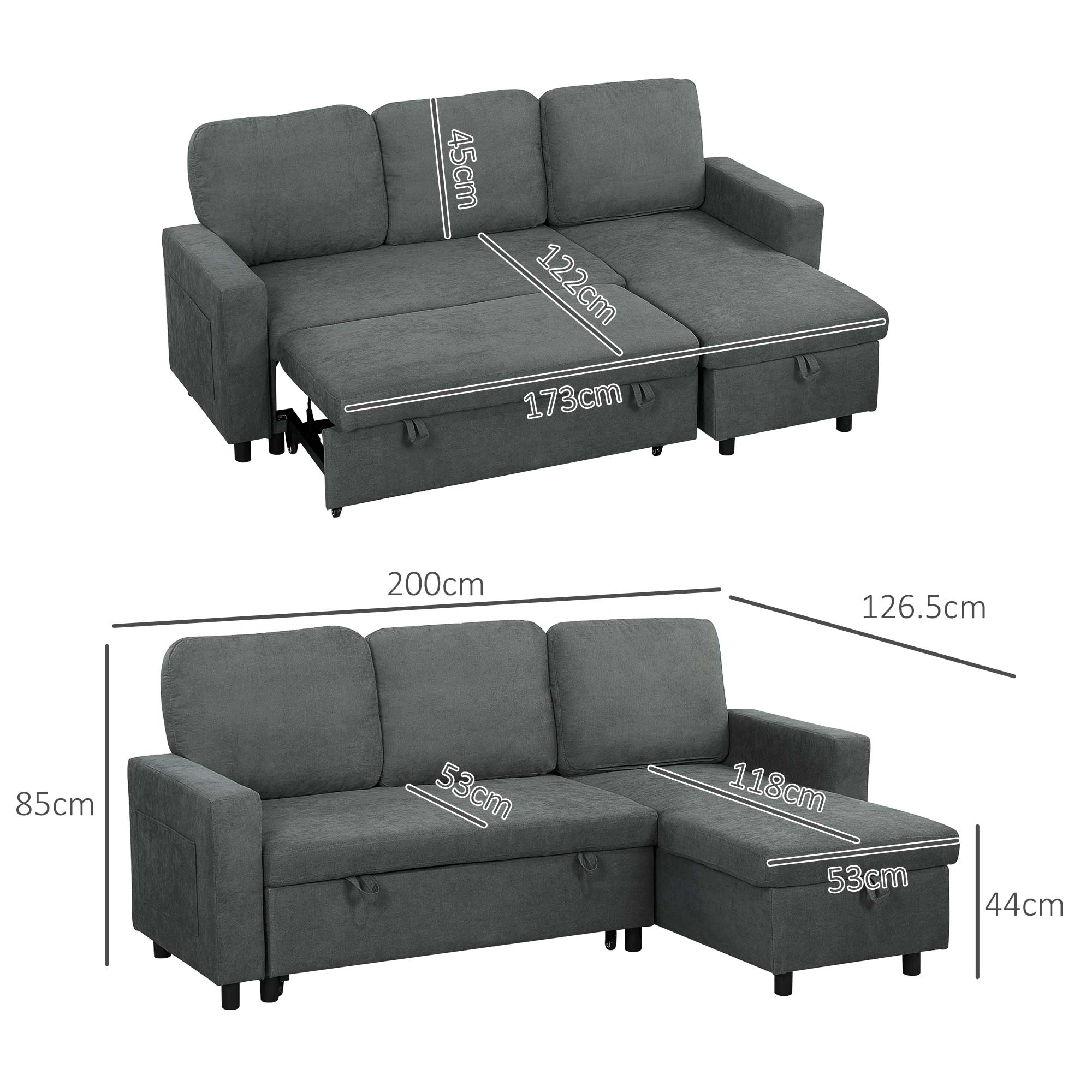 HOMCOM L Sofa Bed, with Storage - Charcoal Grey - North Peak Garden Furniture