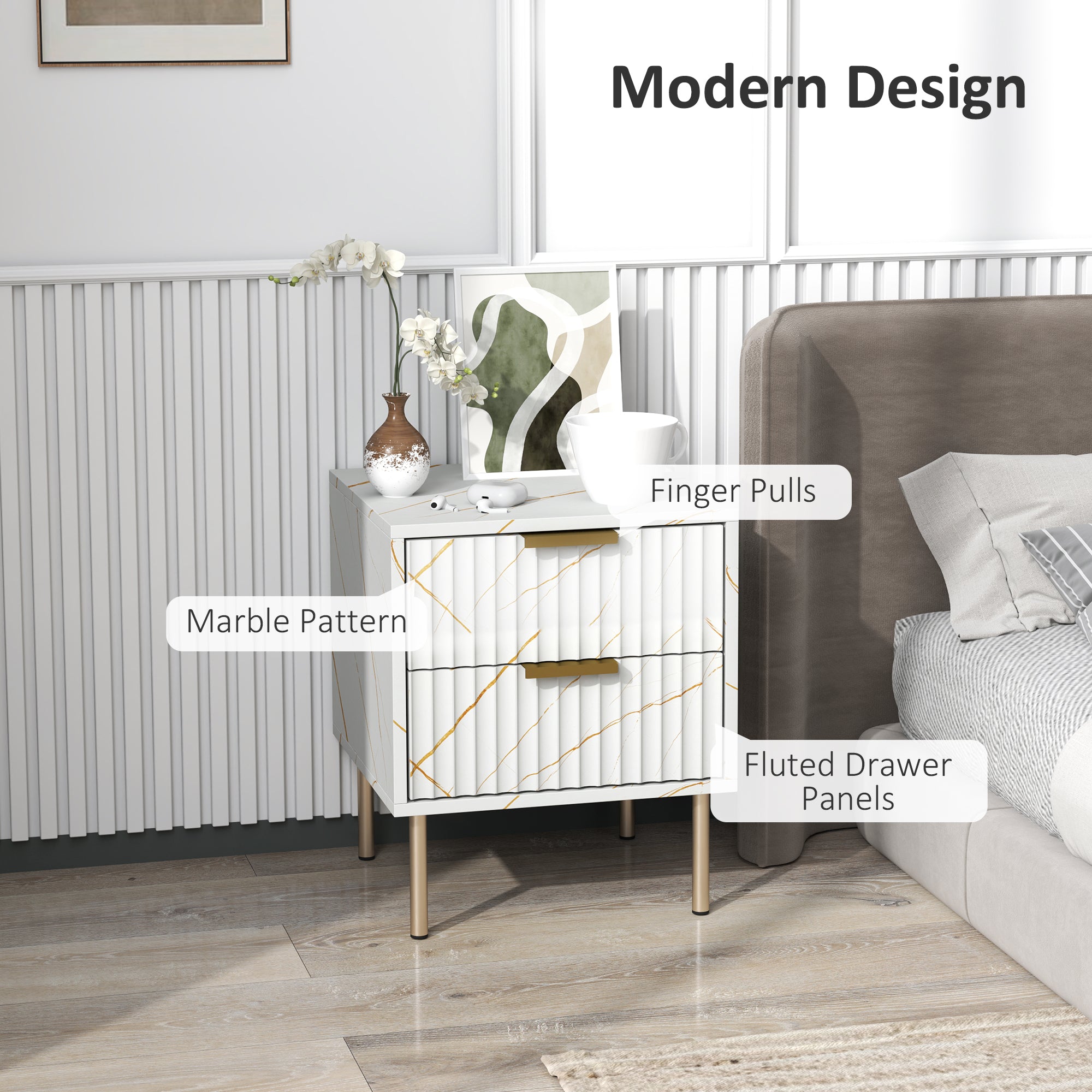 HOMCOM Elegant Two-Drawer Bedside Table - White - North Peak Garden Furniture