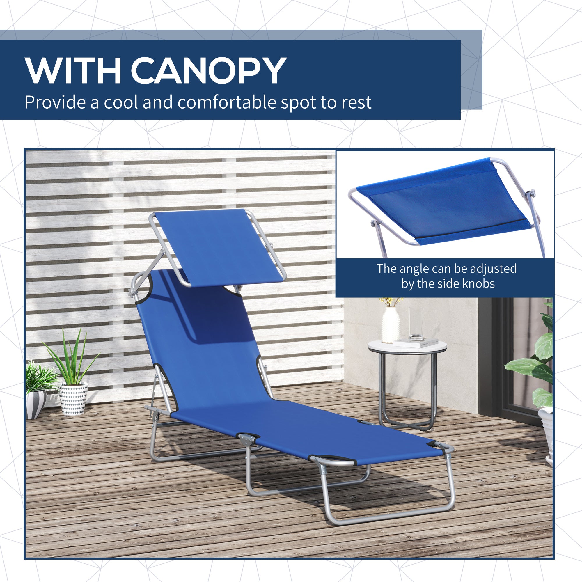 Outsunny 2 Pieces Outdoor Foldable Sun Lounger, 4 Level Adjustable Backrest Reclining Sun Lounger Chair with Angle Adjust Sun Shade Awning for Beach, Garden, Patio, Blue - North Peak Garden Furniture