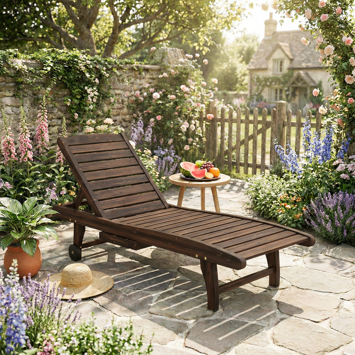 Outsunny Outdoor Wooden Sun Lounger with Built-In Table, Carbonised Finish