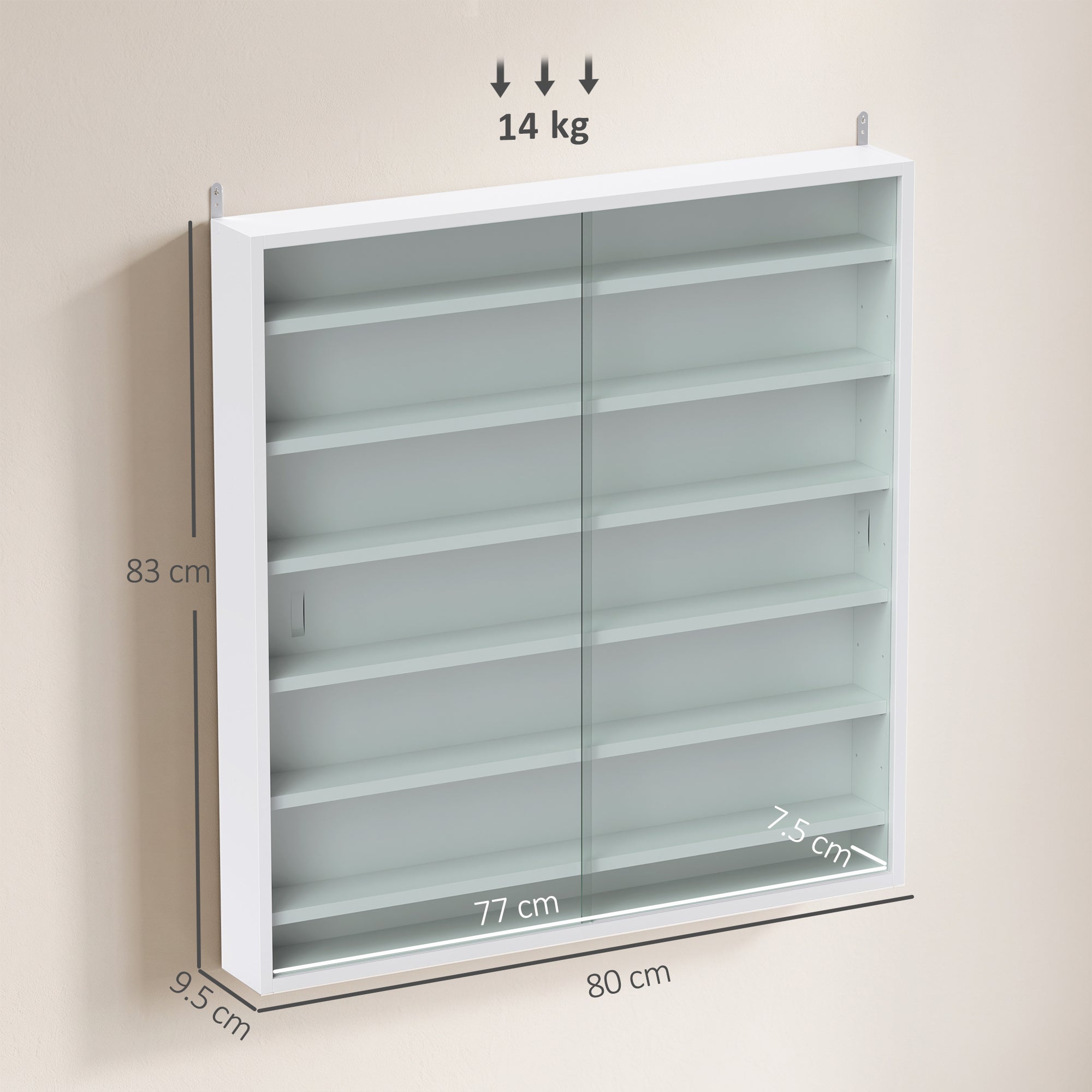 HOMCOM 7-Tier Wall Display Shelf Unit Cabinet w/ 6 Adjustable Shelves Glass Doors Home Office Ornaments 83x80cm, White