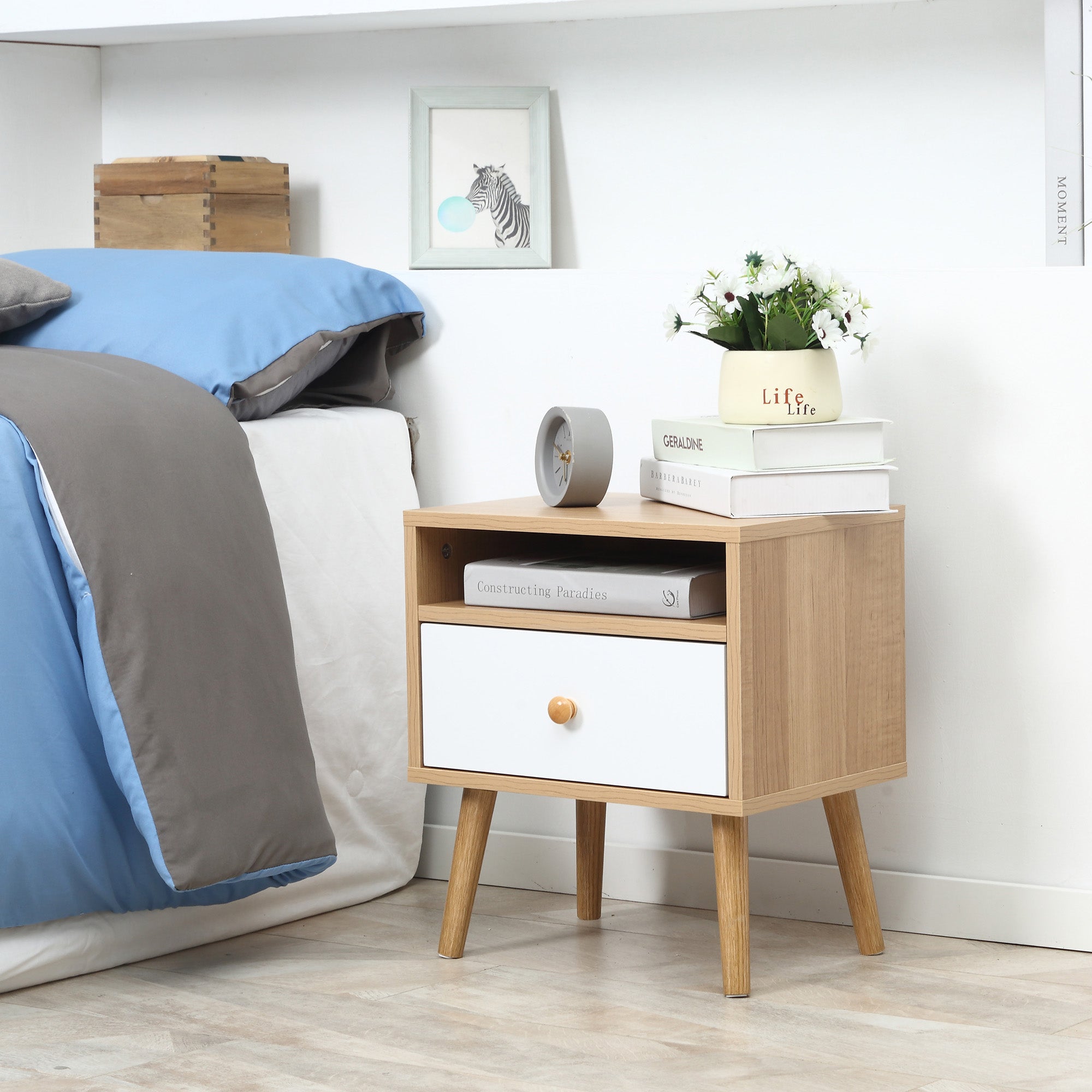 HOMCOM Bedside Table, Bedside Cabinet with Drawer and Shelf, Modern Nightstand, End Table for Living Room, Bedroom, Natural - North Peak Garden Furniture