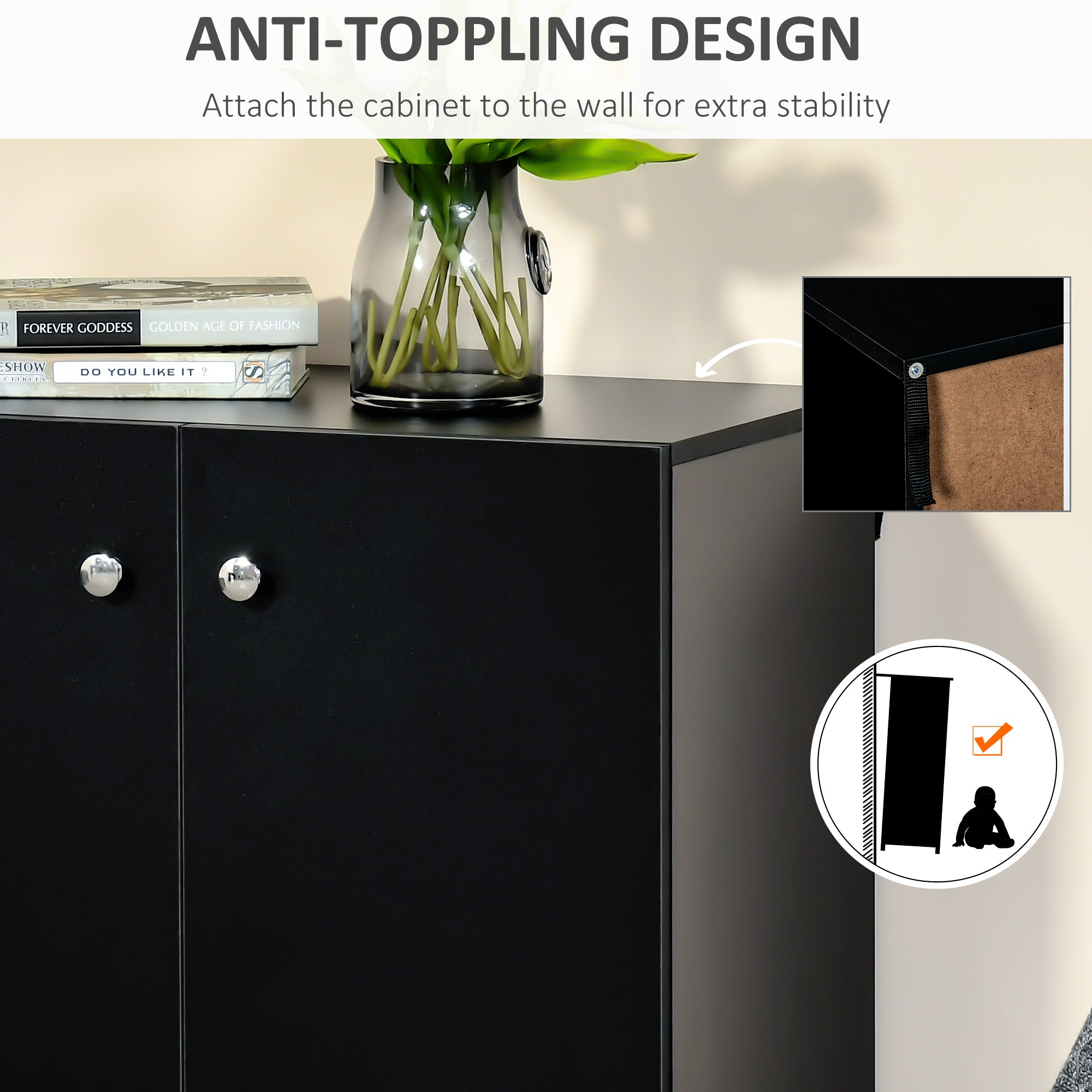 HOMCOM Storage Cabinet w/ Two Shelves Wooden Sideboard Freestanding Kitchen Cupboard Bookcase - Black - North Peak Garden Furniture