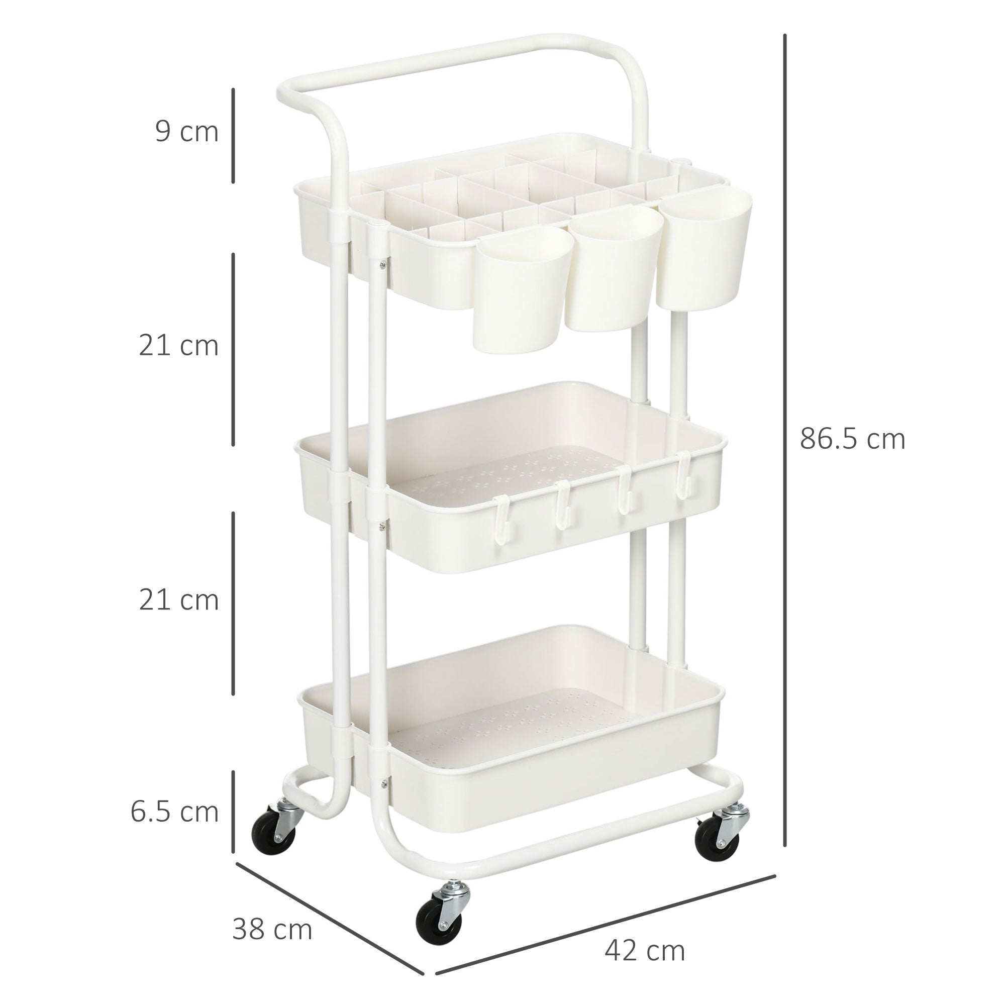 HOMCOM Three-Tier Home Trolley, with Handle and Wheels - White - North Peak Garden Furniture