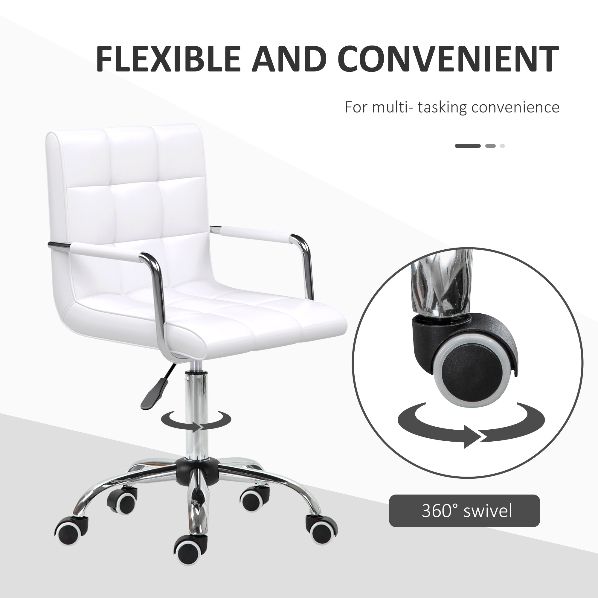 Vinsetto Office Chair, Makeup Vanity Chair, Mid Back Computer Chair, PU Leather Swivel Study Chair with Adjustable Height, Armrest and Rolling Wheels, White