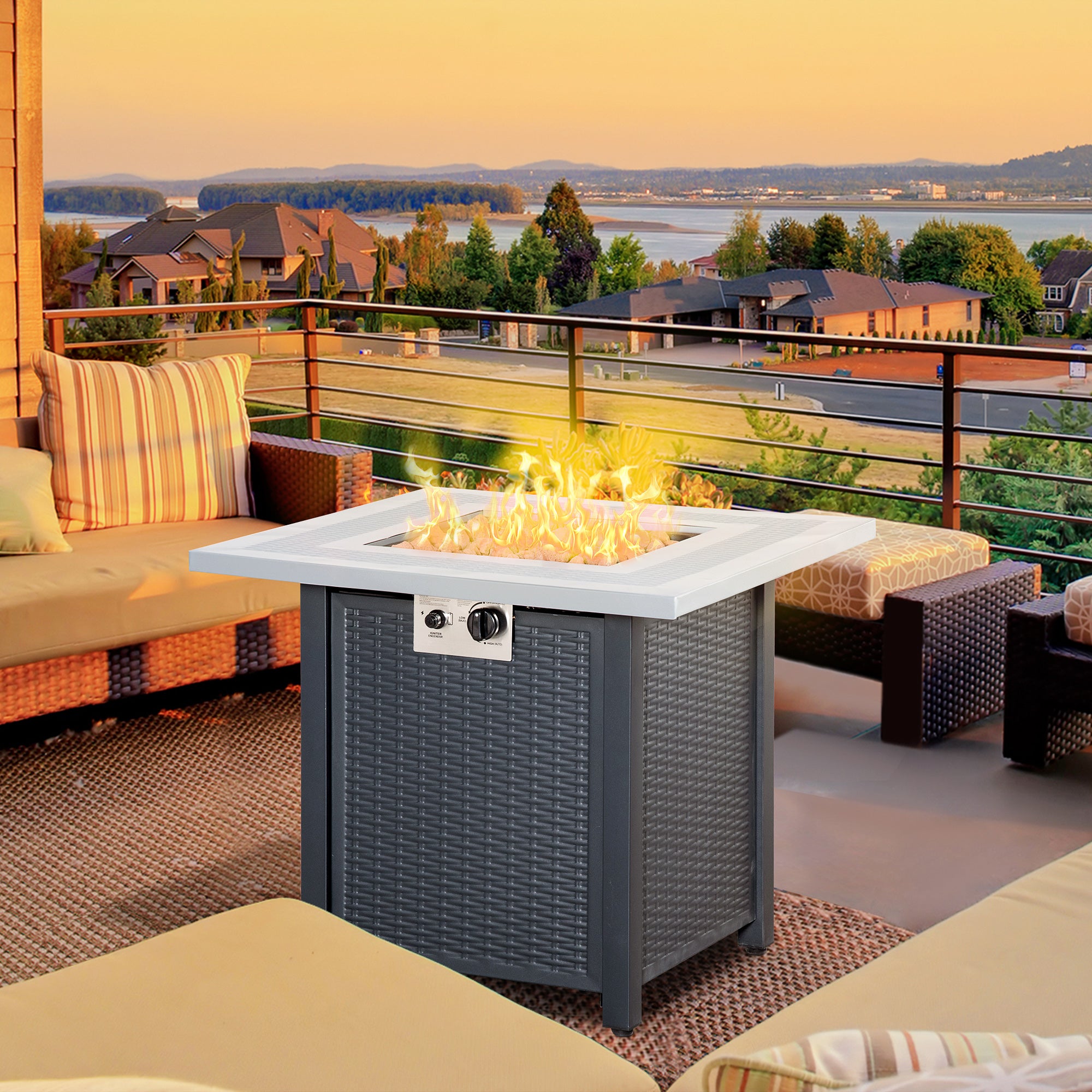 Outsunny Square Propane Gas Fire Pit Table, 40000 BTU Rattan Smokeless Firepit Patio Heater with Lava Rocks and Lid, 71cm x 71cm x 62cm, Black - North Peak Garden Furniture