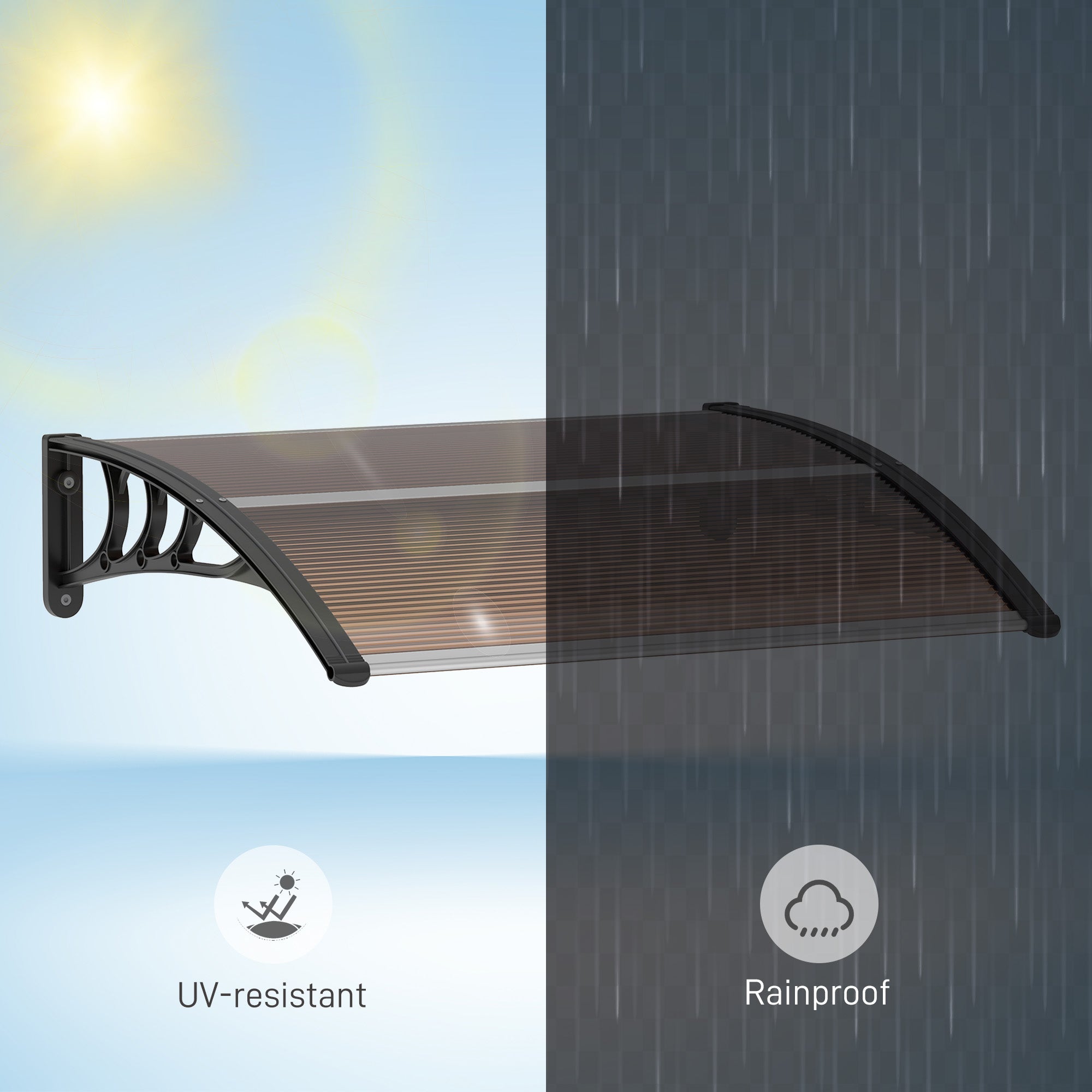 Outsunny Curved Window Door Canopy Aluminium Rigid Plastic Polycarbonate Fixed Outdoor Awning Modern Design UV Water Rain Resist 100 x 75cm Brown - North Peak Garden Furniture