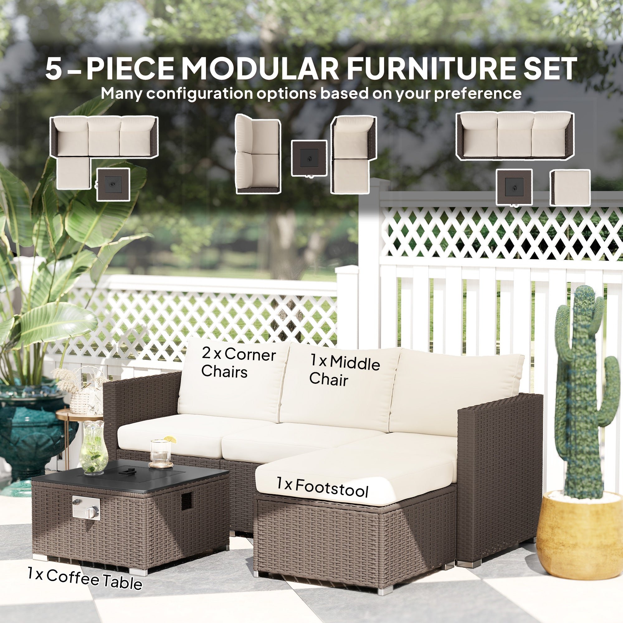 Outsunny Five Piece Rattan Garden Furniture Set with Gas Fire Pit Table and Footstool - Brown and Cream White - North Peak Garden Furniture
