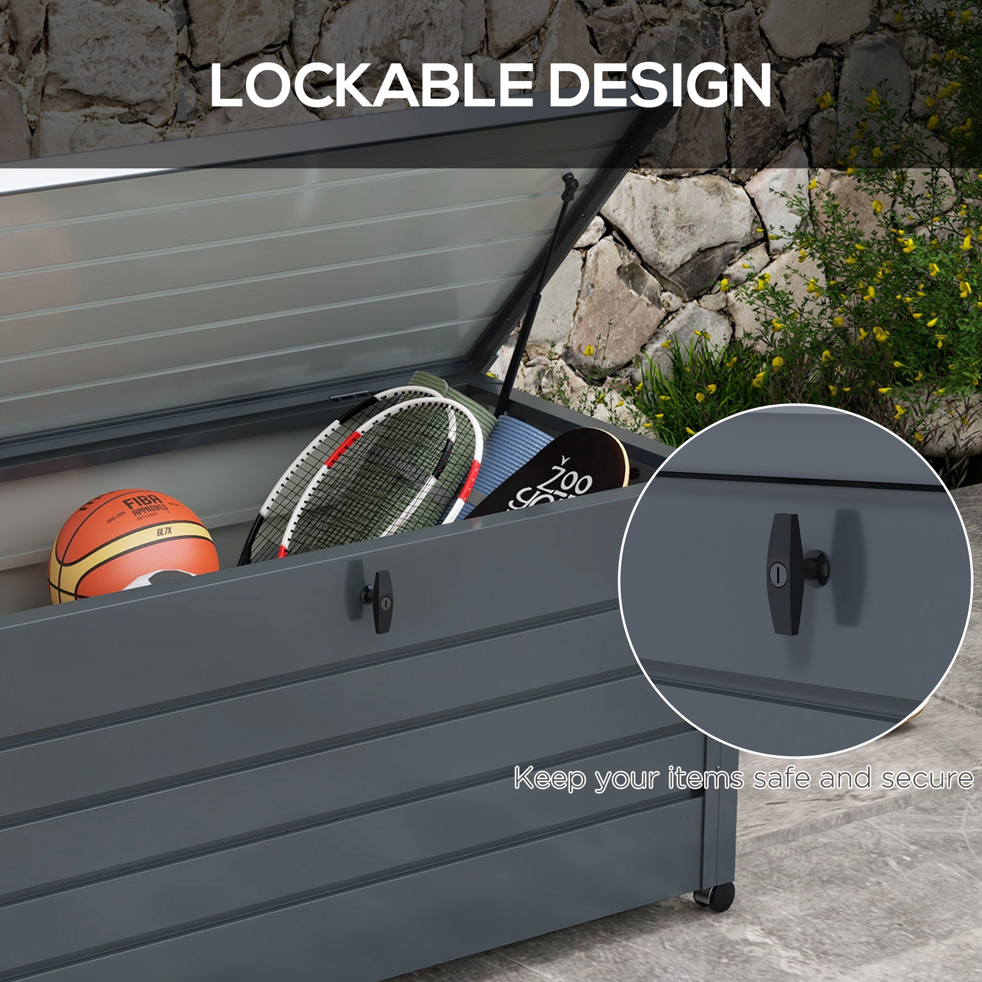 Outsunny 311L Galvanised Steel Garden Storage Box, with Lock - Dark Grey - North Peak Garden Furniture