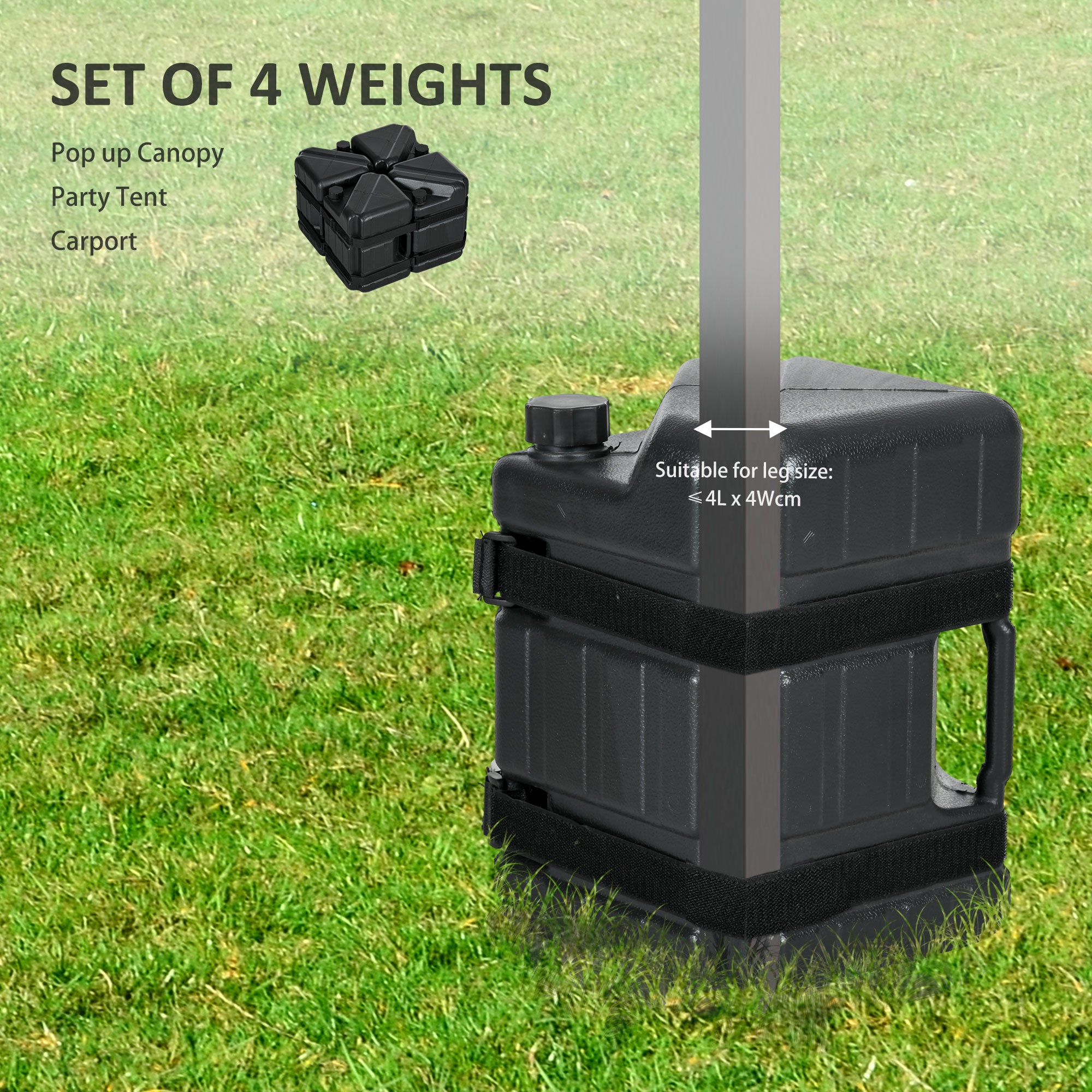 Outsunny HDPE Gazebo Weights Set of 4, Water or Sand Filled Weights for Gazebo Legs, with Built-in Handles and Secure Straps - North Peak Garden Furniture