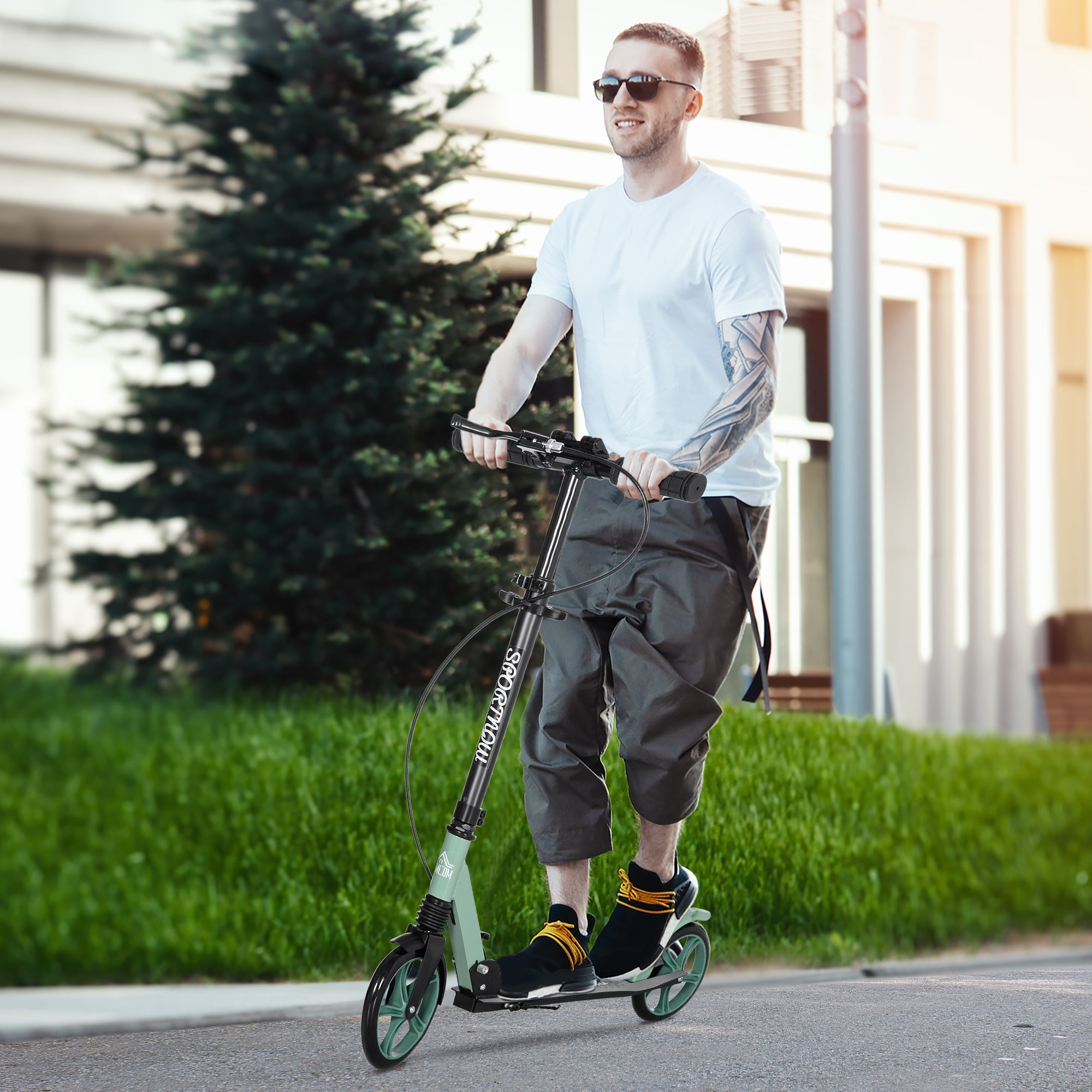 HOMCOM One-click Folding Kick Scooter for 14+ w/ Adjustable Handlebar, Push Scooter with Kickstand, Dual Brake System, Shock Absorber, 200mm Wheels & ABEC-9 Bearings - North Peak Garden Furniture