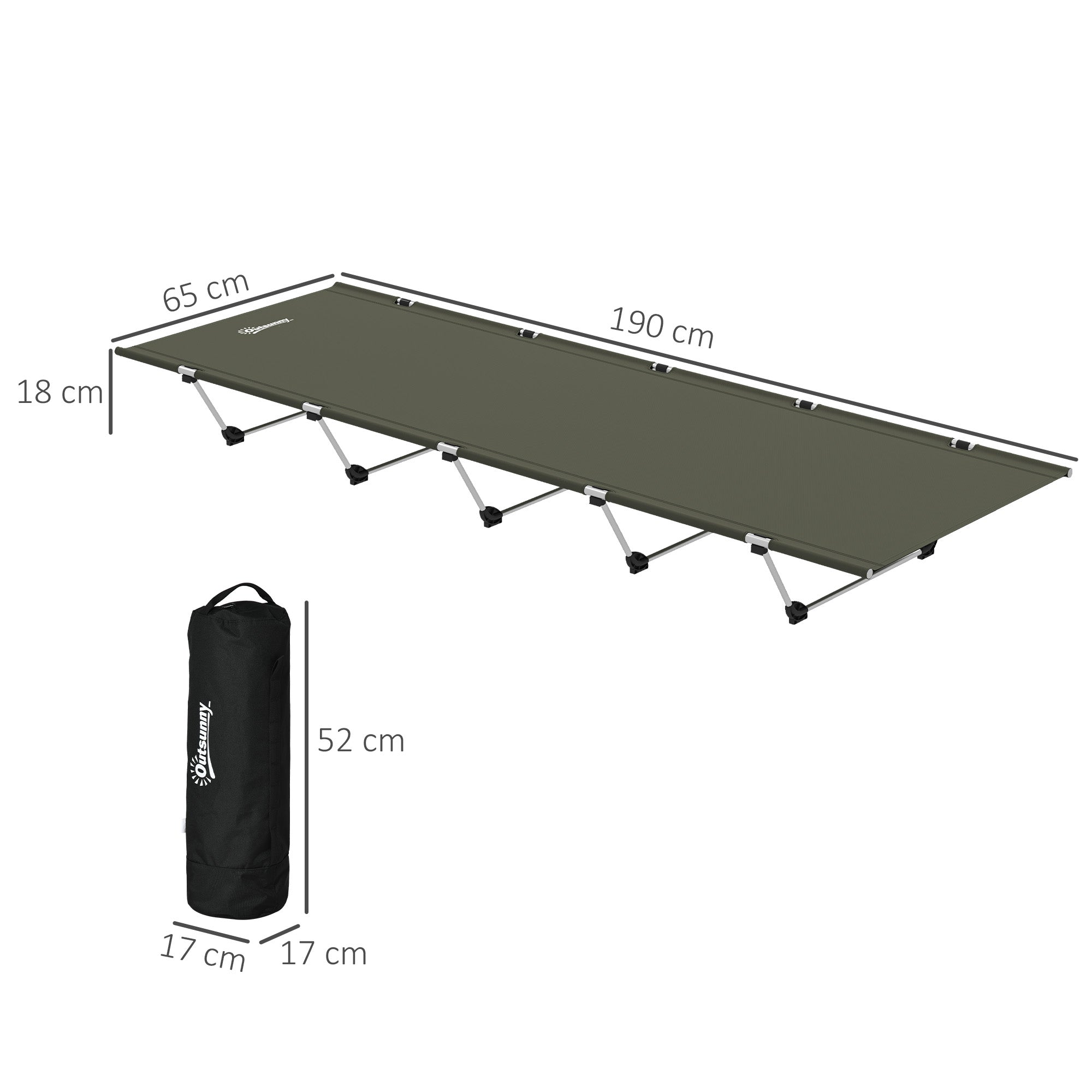 Outsunny Lightweight Camping Bed, Aluminium Portable Camp Cot w/ Strong Support 150kg and Carry Bag for Camping, Dark Green - North Peak Garden Furniture