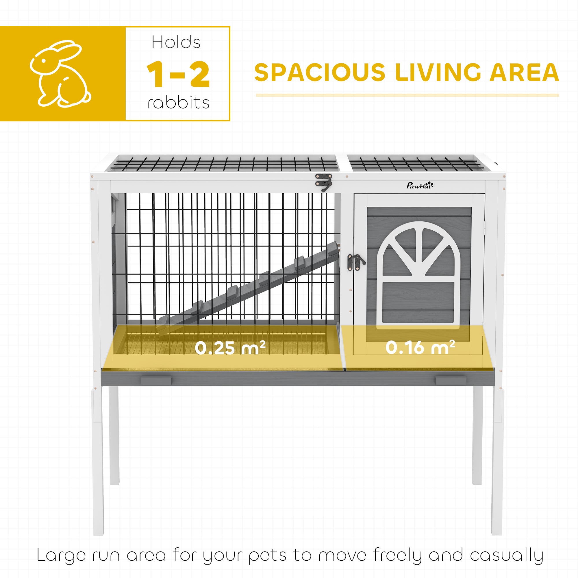 PawHut Wooden Rabbit Hutch, Guinea Pig Cage, with Removable Tray, Openable Roof, Grey