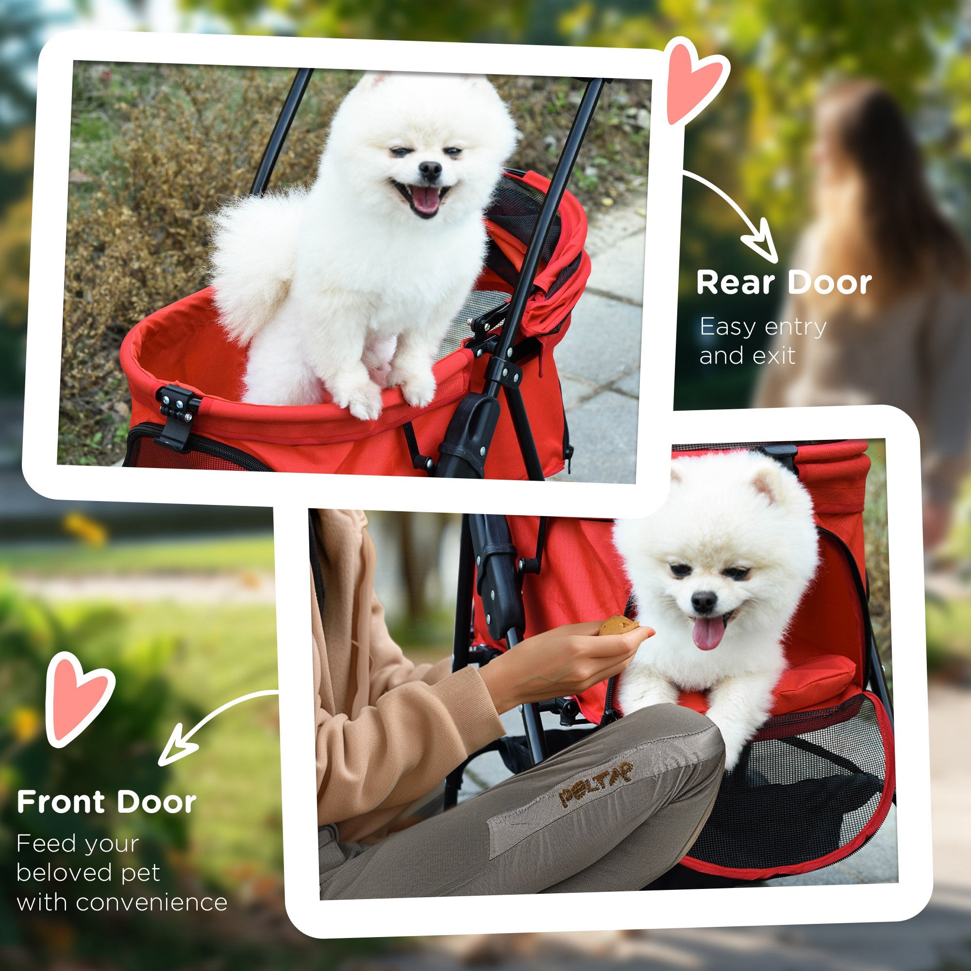 PawHut Dog Pram Dog Stroller Foldable Pet Pushchair with 4 Wheels, Safety Leashes, Cup Holder for Small Dogs, Red