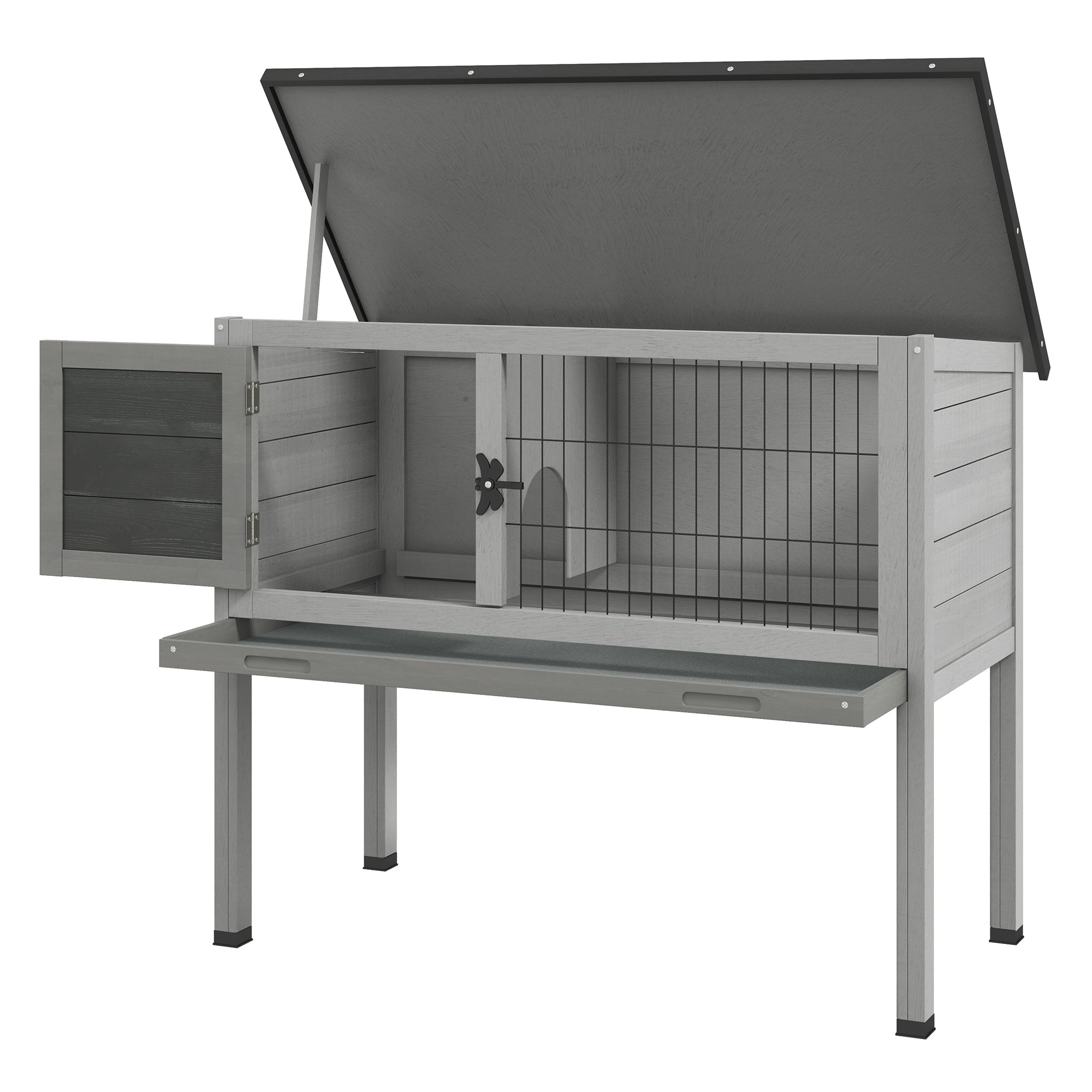 PawHut Wooden Guinea Pig Hutch, Small Animal Cage with Slide-out Tray, Openable Asphalt Roof, 84 x 43 x 70cm, Grey