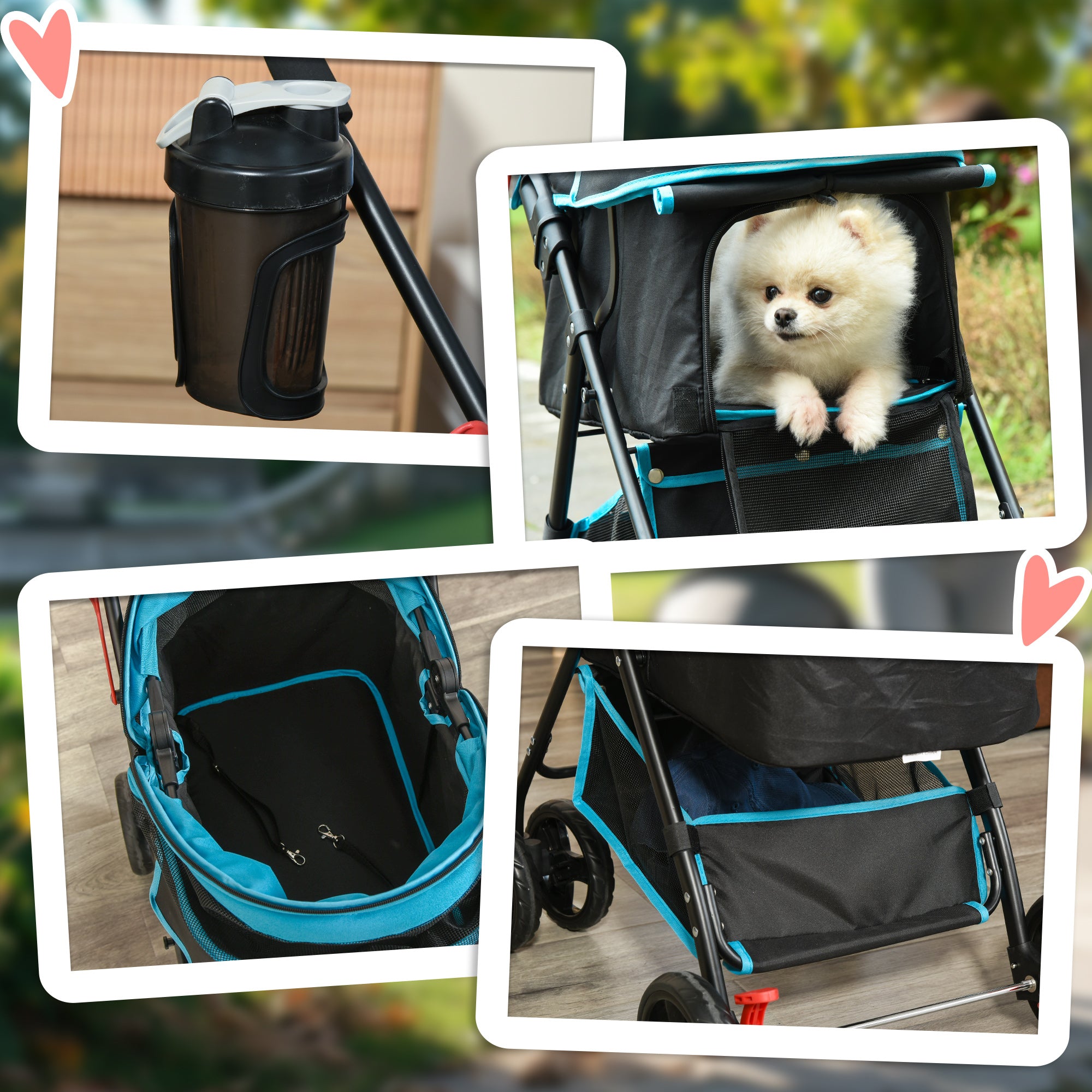 PawHut Dog Pram Dog Stroller Pet Pushchair Foldable with Brake, Cupholder, Safety Leash, for Miniature Dogs