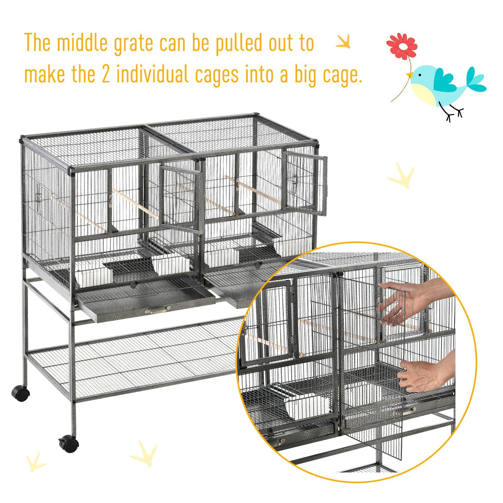 PawHut Large Bird Cage Parrot Cage with Divider, Slide Tray for Finch Canaries Parakeets Cockatiels, 95 x 45.5 x 102 cm